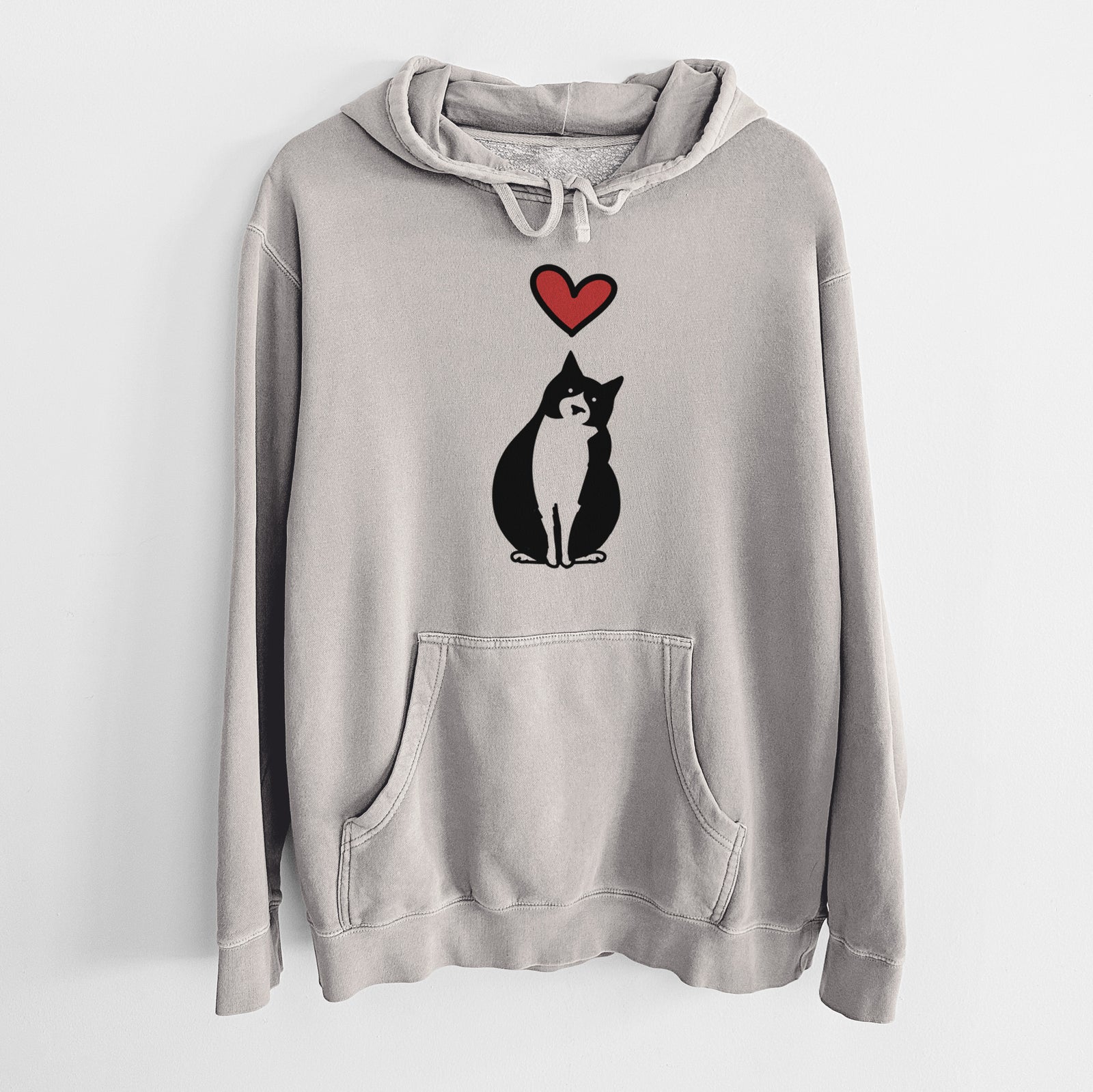 Minimalist line drawing of Oliver the Tuxedo Cat with a red heart on a Cement Unisex pigment dyed hoodie