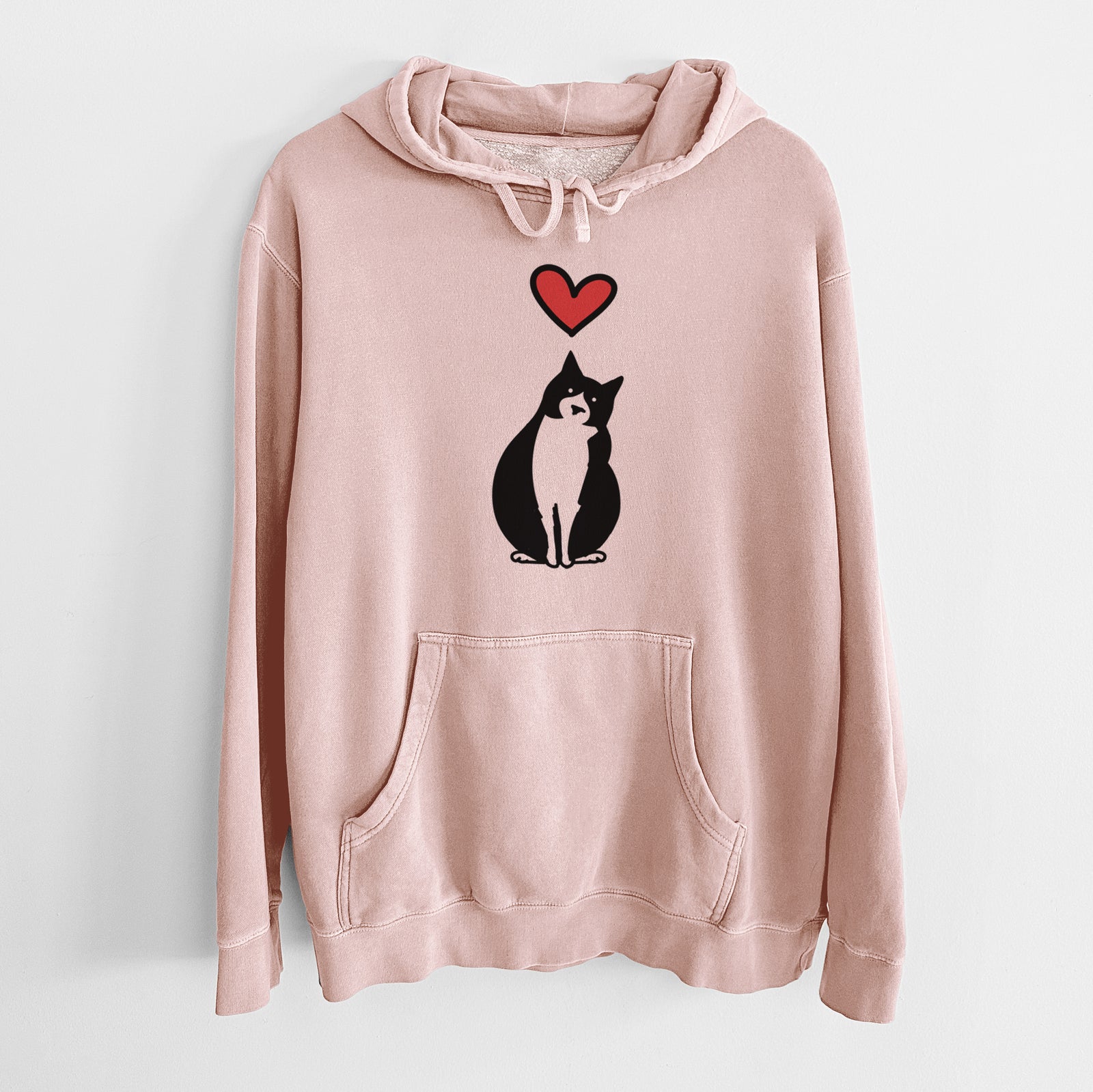 Minimalist line drawing of Oliver the Tuxedo Cat with a red heart on a Dusty Pink Unisex pigment dyed hoodie