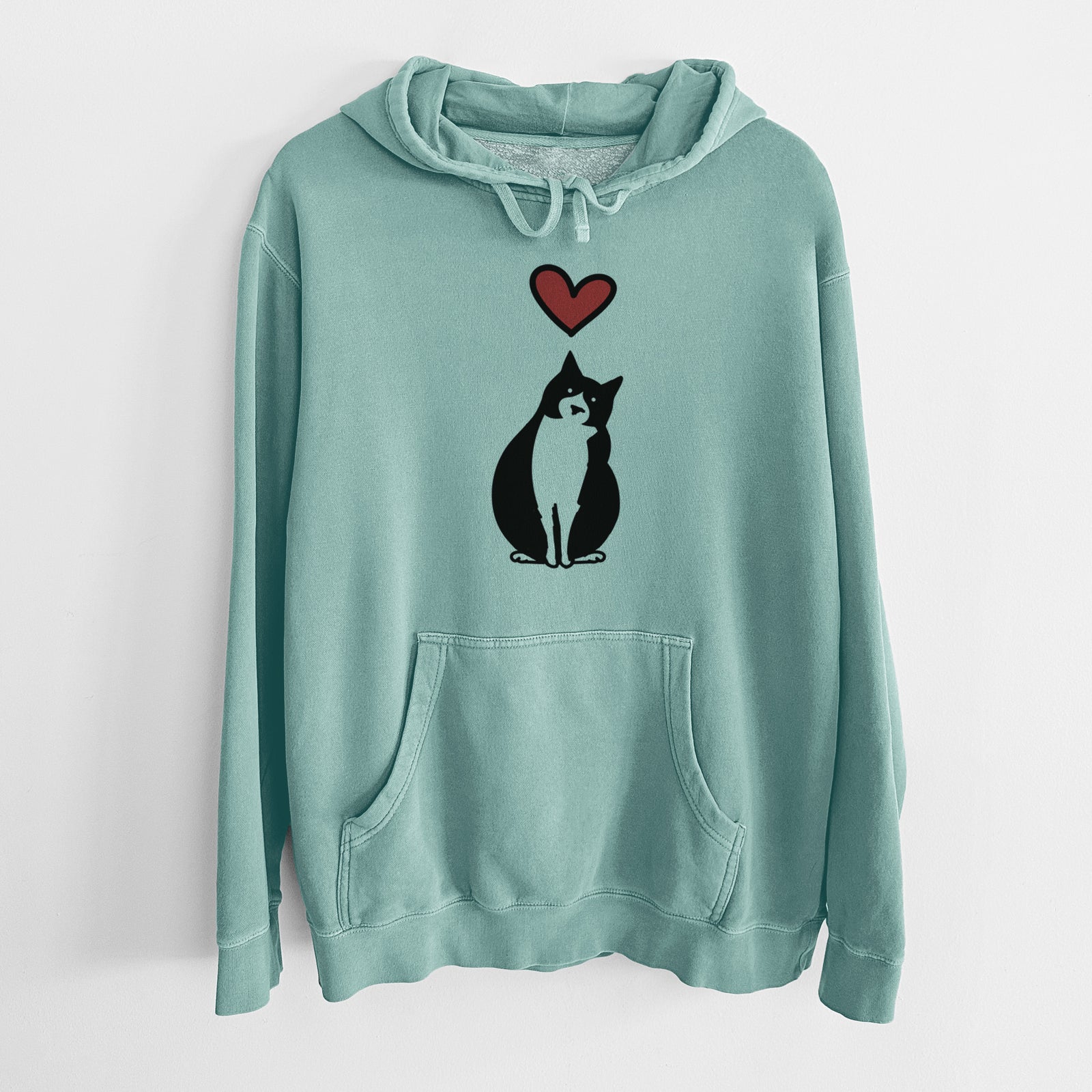 Minimalist line drawing of Oliver the Tuxedo Cat with a red heart on a Mint Unisex pigment dyed hoodie
