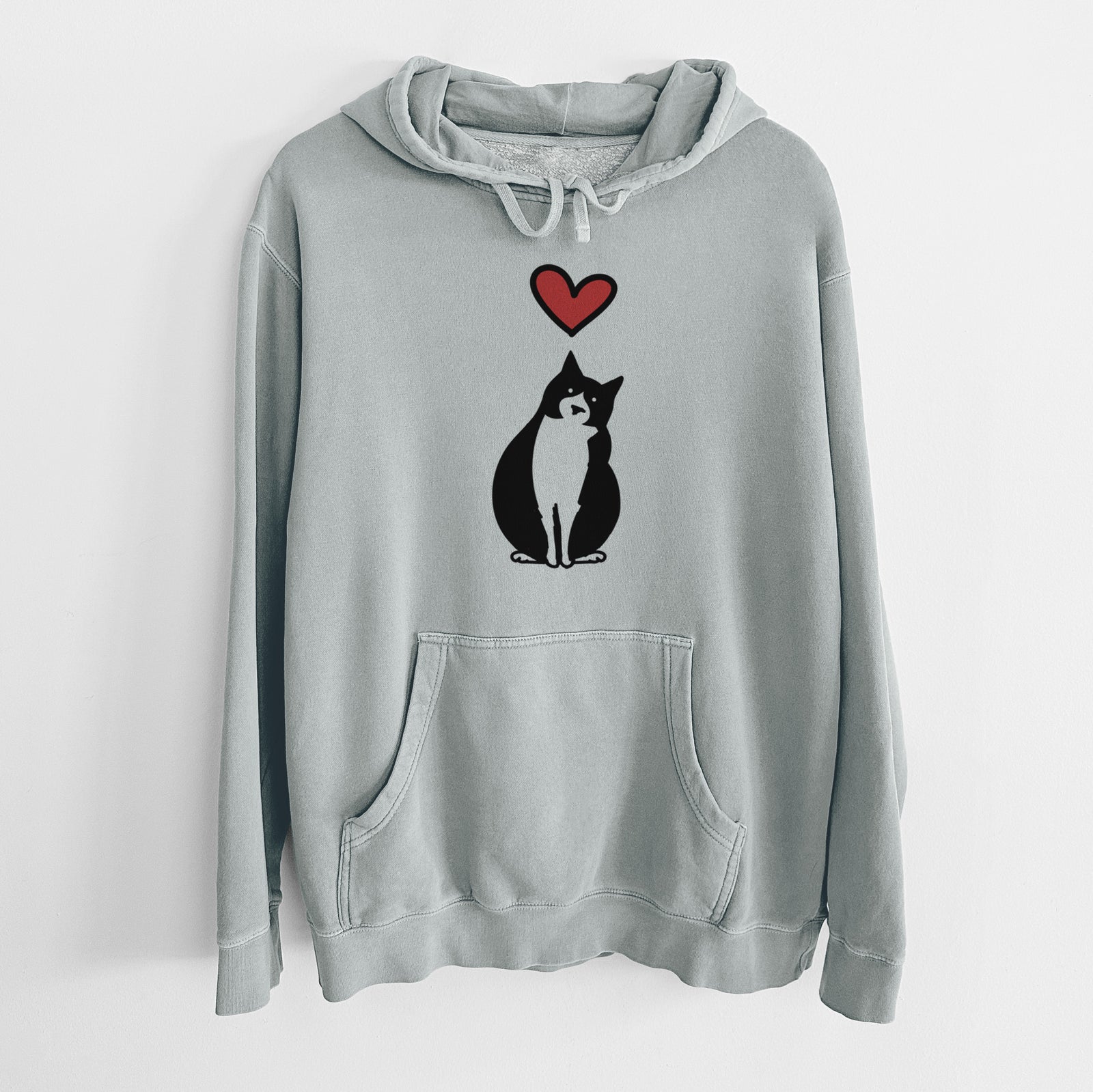 Minimalist line drawing of Oliver the Tuxedo Cat with a red heart on a Sage Unisex pigment dyed hoodie