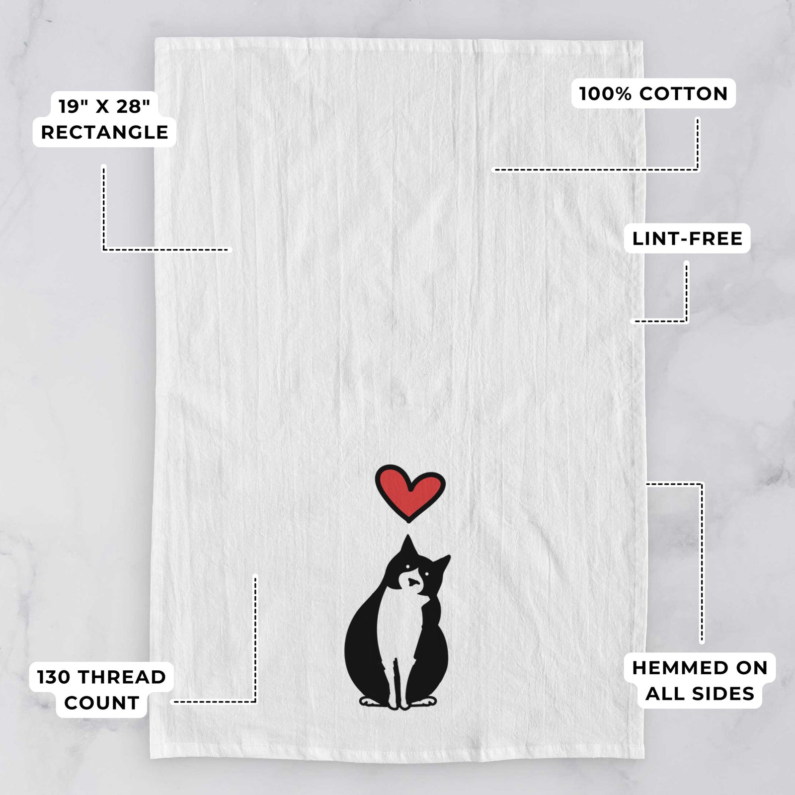 Minimalist line drawing of Oliver the Tuxedo Cat with a red heart on a tea towel, with feature callouts: 19 x 28 inch rectangle, 100% cotton, lint-free, 120 thread count, hemmed on all sides
