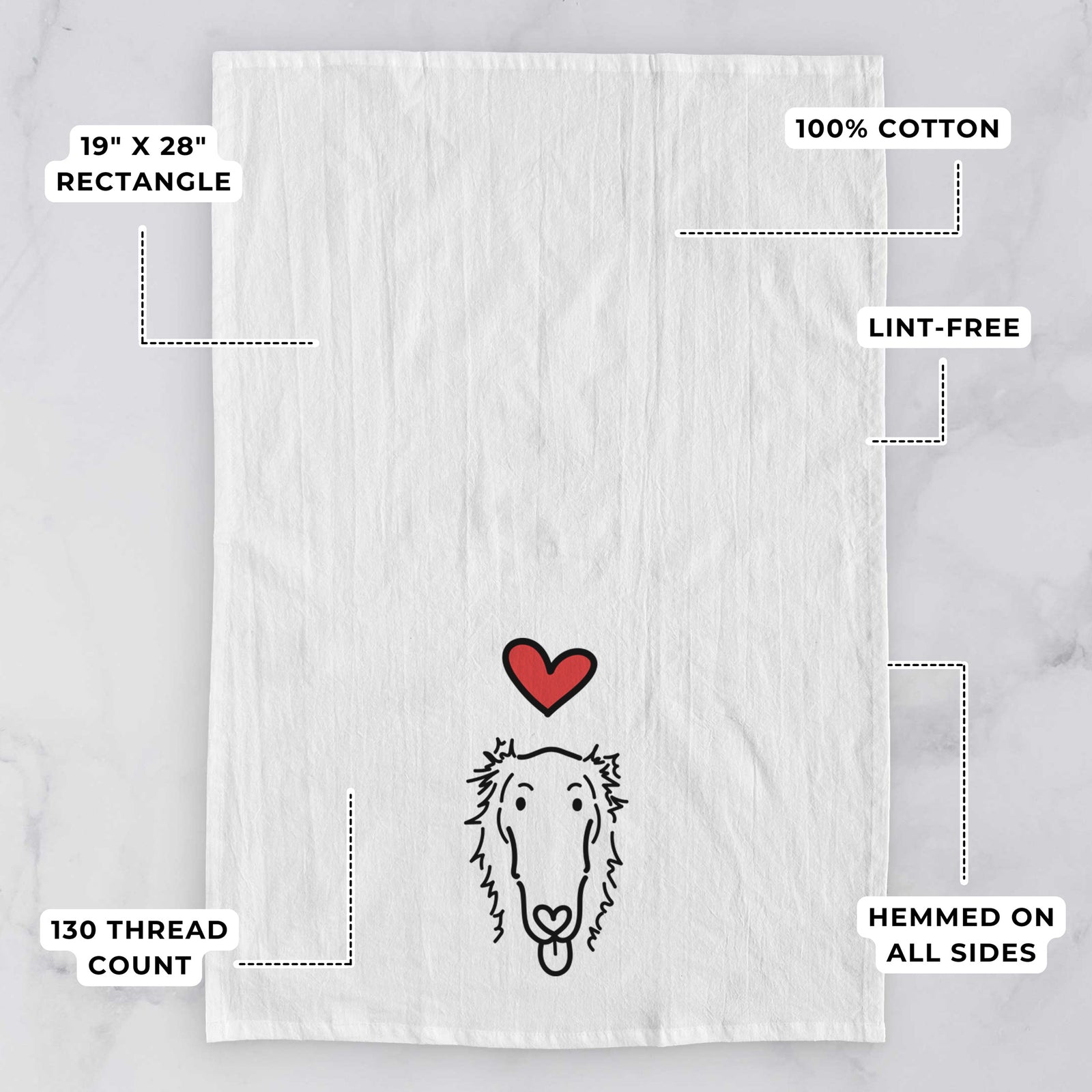 Minimalist line drawing of Opal the Borzoi with a red heart on a tea towel, with feature callouts: 19 x 28 inch rectangle, 100% cotton, lint-free, 120 thread count, hemmed on all sides