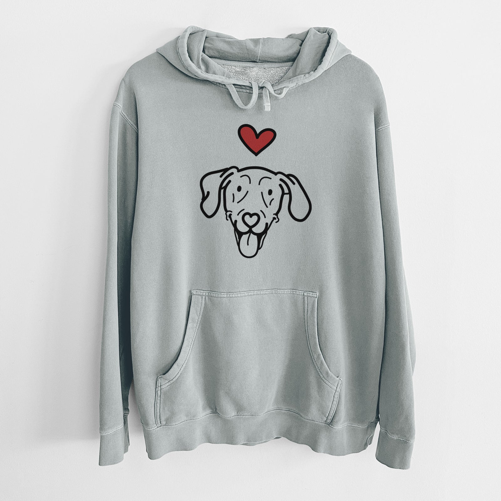 Minimalist line drawing of Paco Lobo the Weimaraner with a red heart on a Sage Unisex pigment dyed hoodie