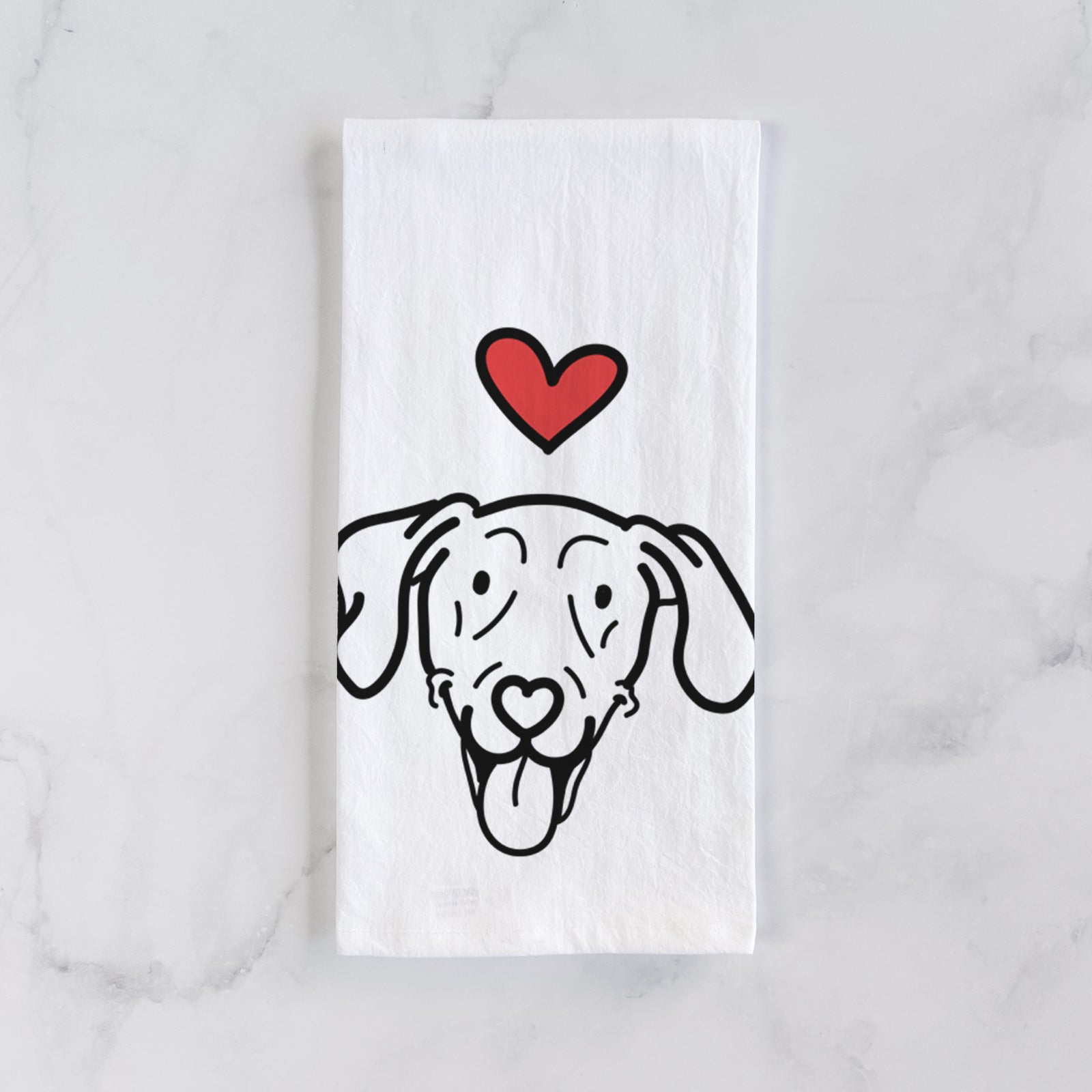 Minimalist line drawing of Paco Lobo the Weimaraner with a red heart on a tea towel