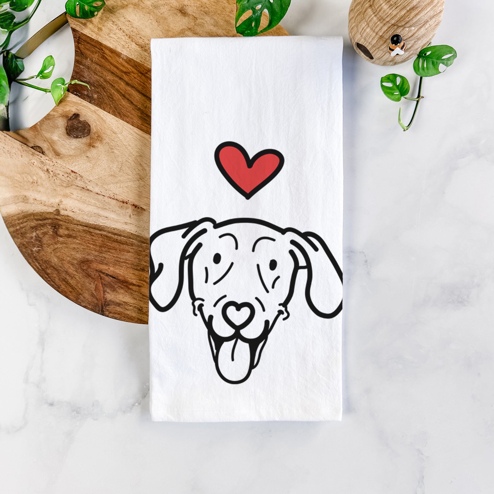 Minimalist line drawing of Paco Lobo the Weimaraner with a red heart on a tea towel