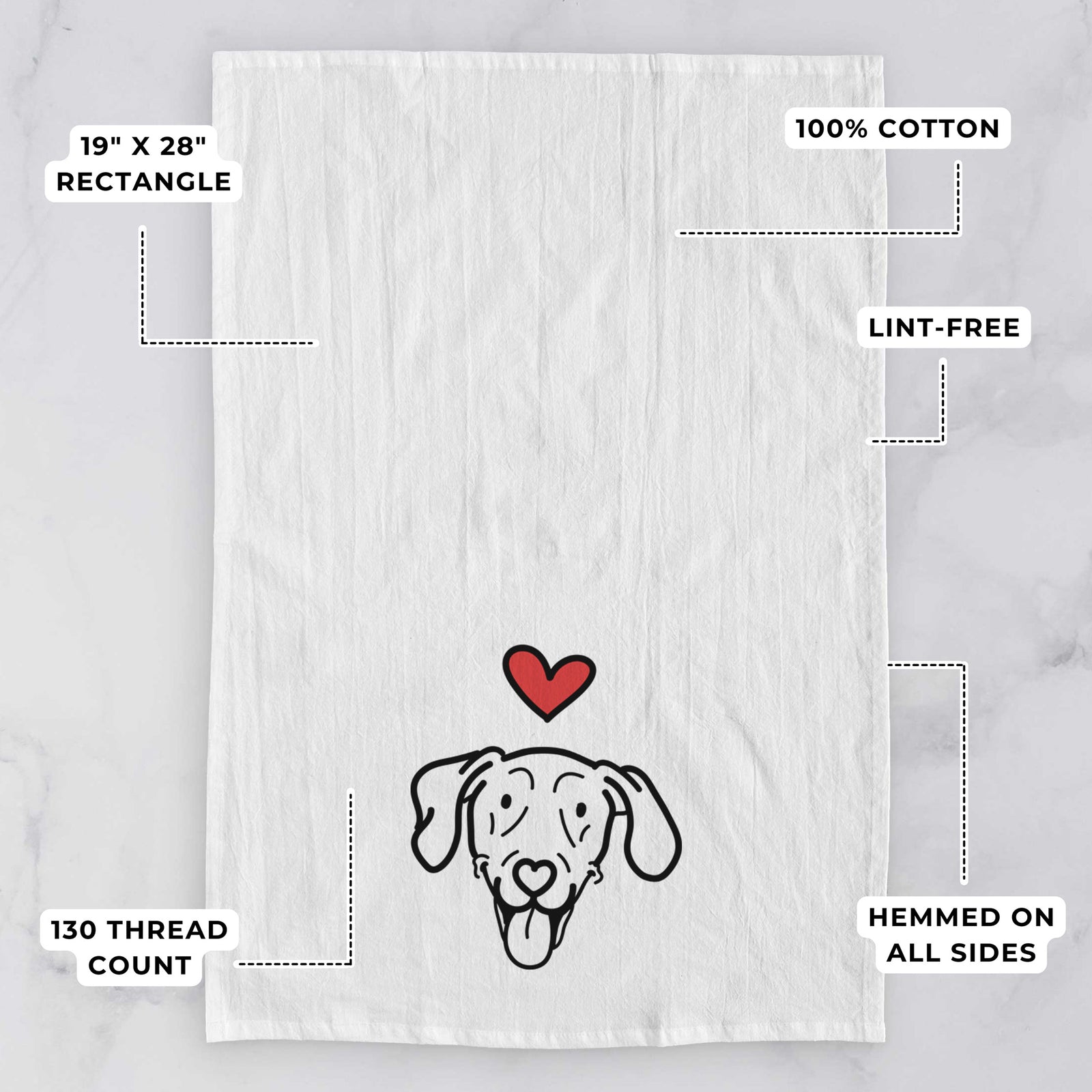 Minimalist line drawing of Paco Lobo the Weimaraner with a red heart on a tea towel, with feature callouts: 19 x 28 inch rectangle, 100% cotton, lint-free, 120 thread count, hemmed on all sides