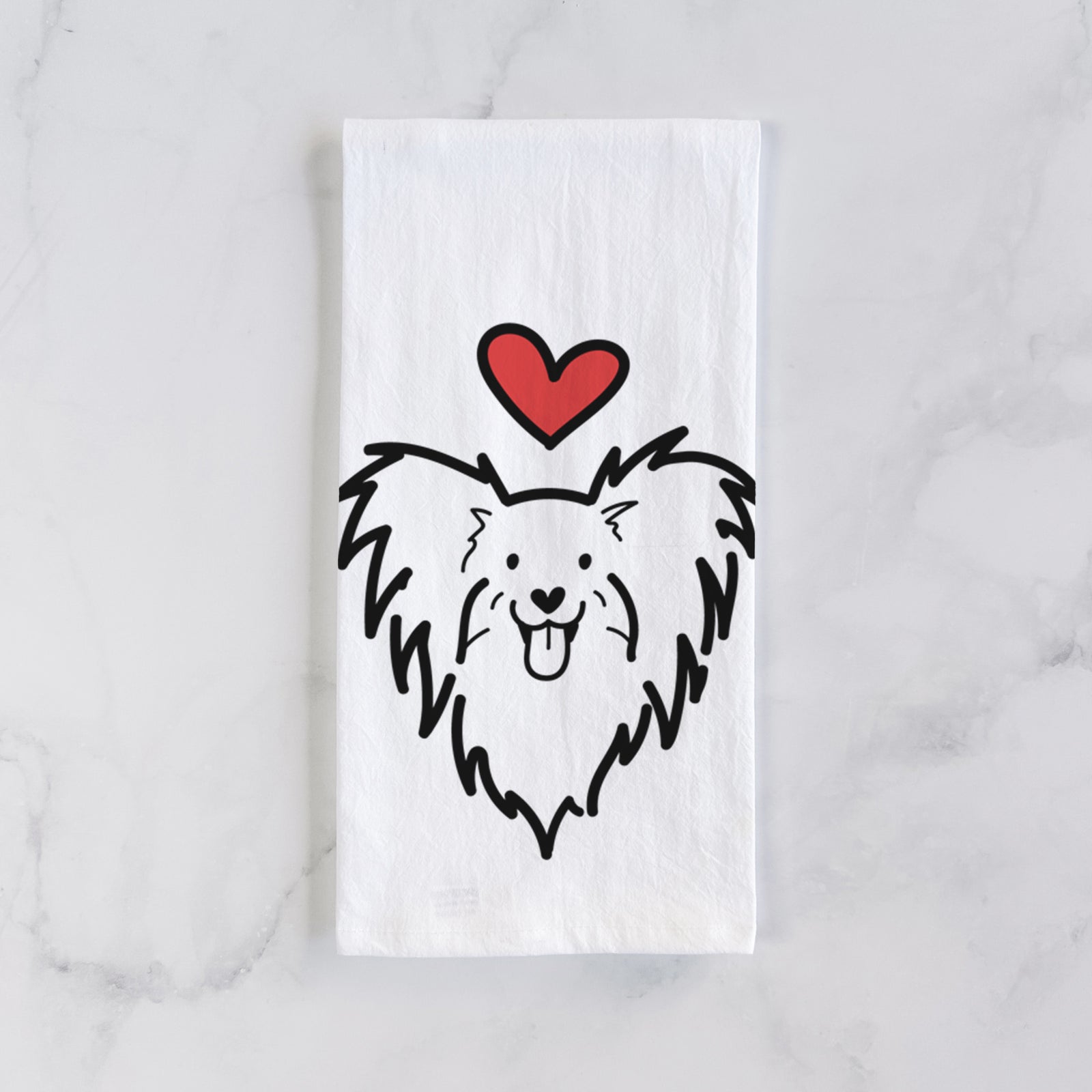 Minimalist line drawing of a Papillon with a red heart on a tea towel