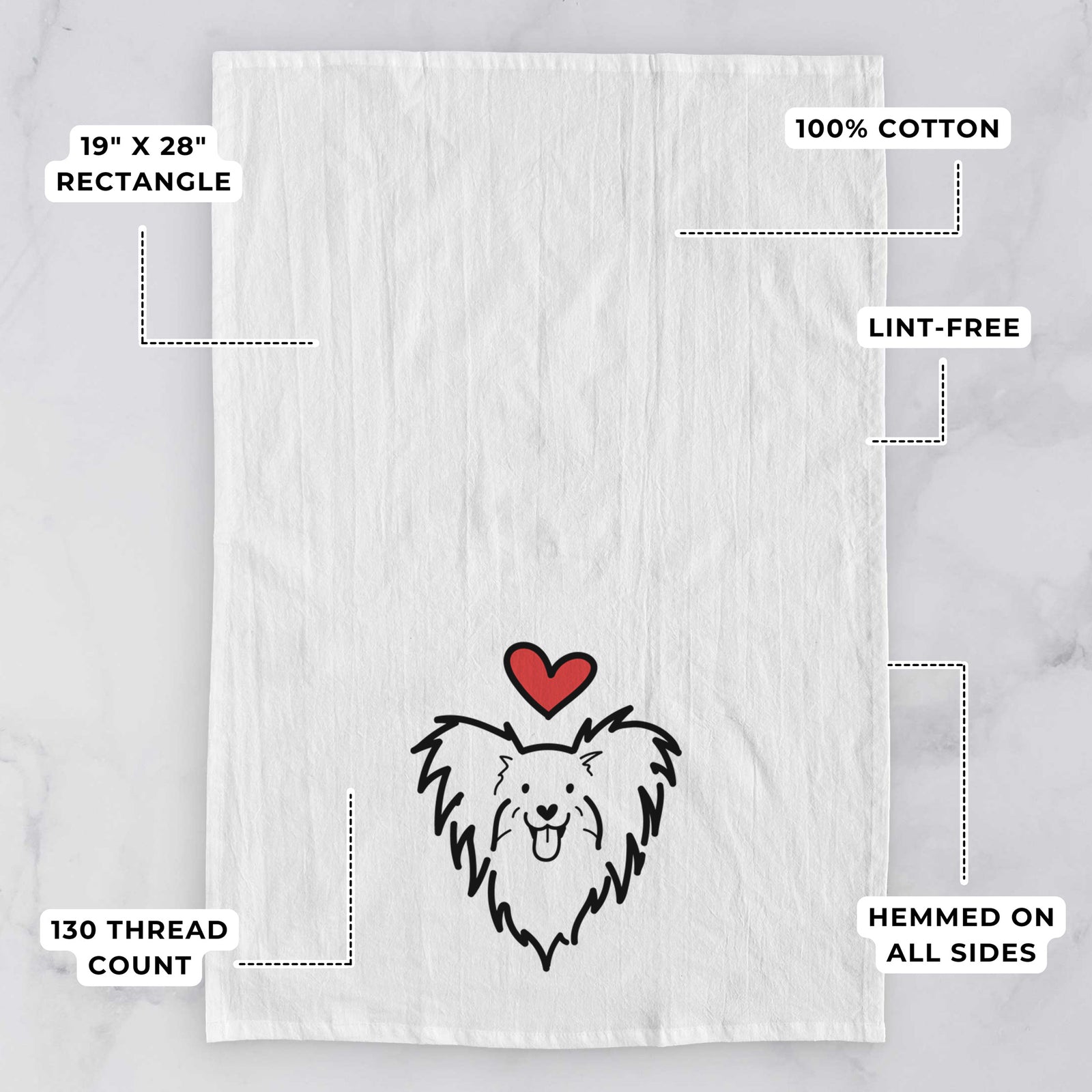 Minimalist line drawing of a Papillon with a red heart on a tea towel, with feature callouts: 19 x 28 inch rectangle, 100% cotton, lint-free, 120 thread count, hemmed on all sides