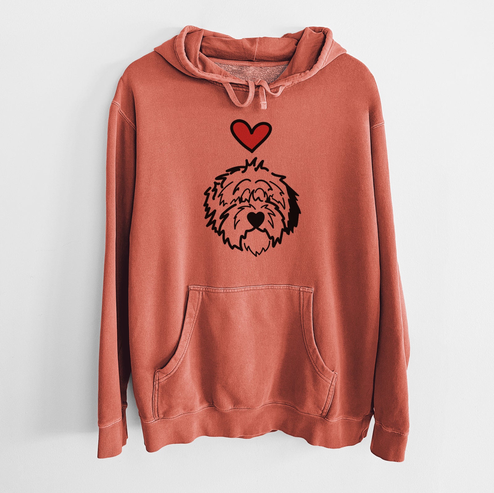 Minimalist line drawing of Penny the Old English Sheepdog with a red heart on an Amber Unisex pigment dyed hoodie