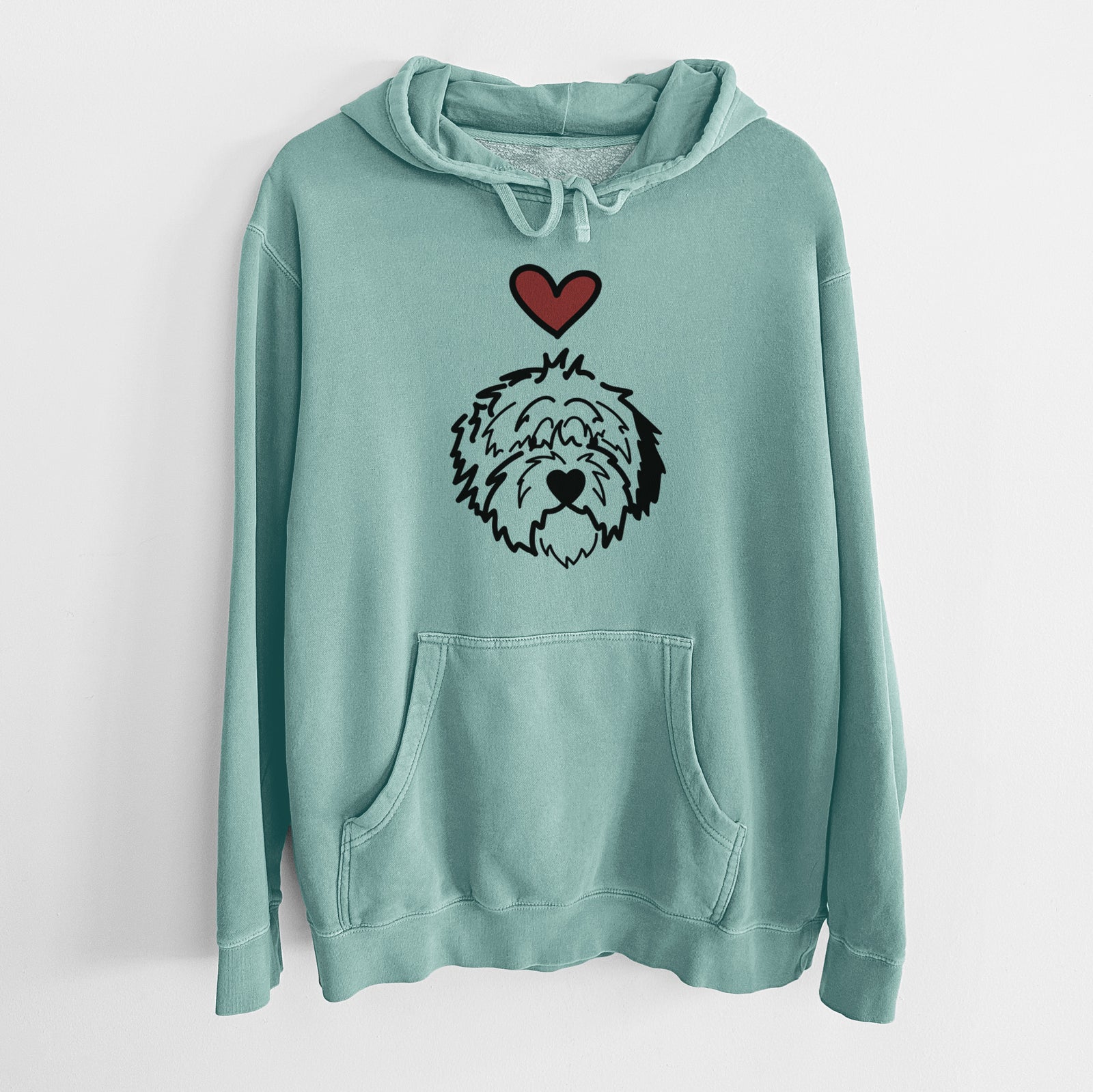 Minimalist line drawing of Penny the Old English Sheepdog with a red heart on a Mint Unisex pigment dyed hoodie