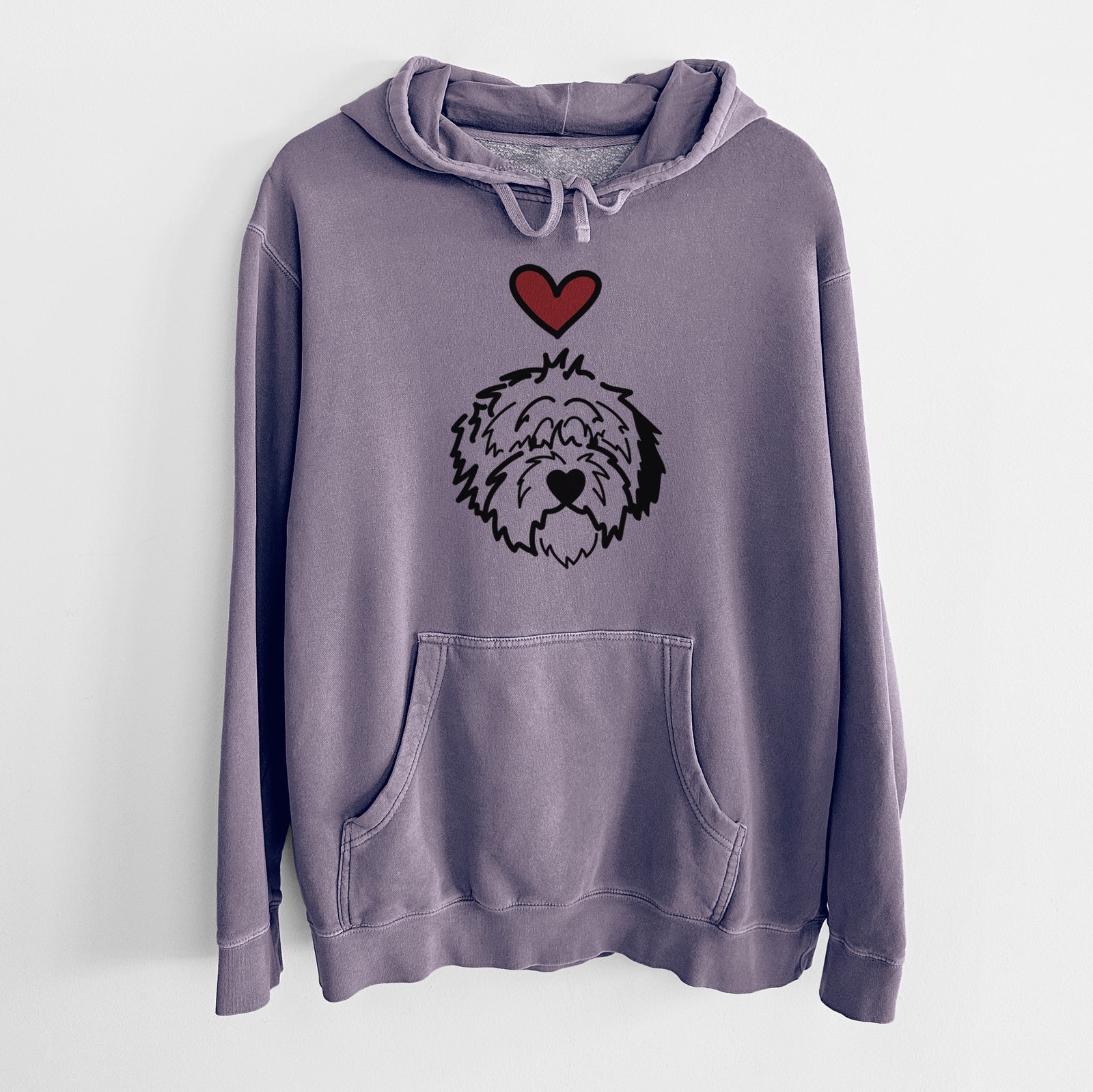 Minimalist line drawing of Penny the Old English Sheepdog with a red heart on a Plum Unisex pigment dyed hoodie