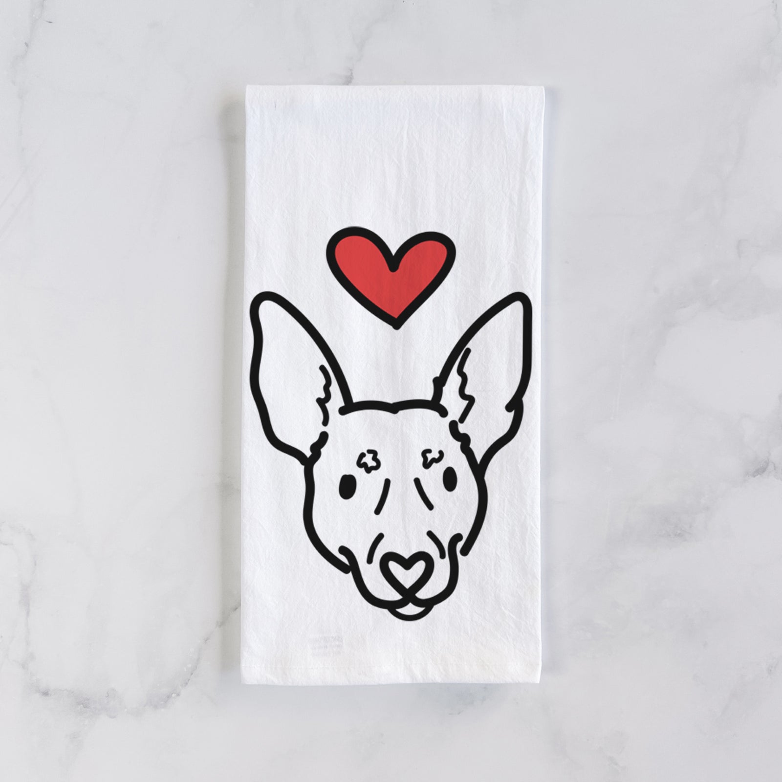 Minimalist line drawing of Penny the Rat Terrier with a red heart on a tea towel