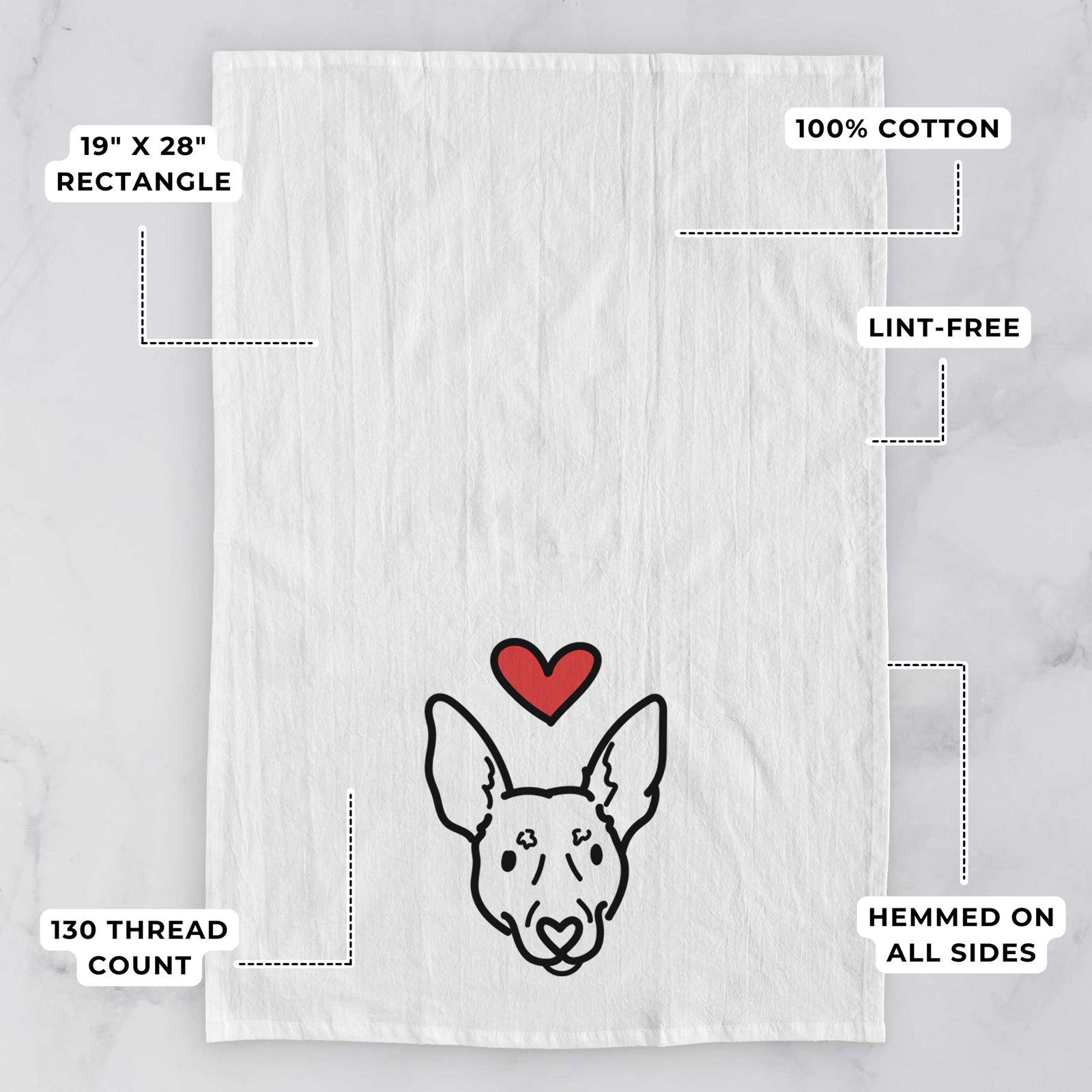 Minimalist line drawing of Penny the Rat Terrier with a red heart on a tea towel, with feature callouts: 19 x 28 inch rectangle, 100% cotton, lint-free, 120 thread count, hemmed on all sides