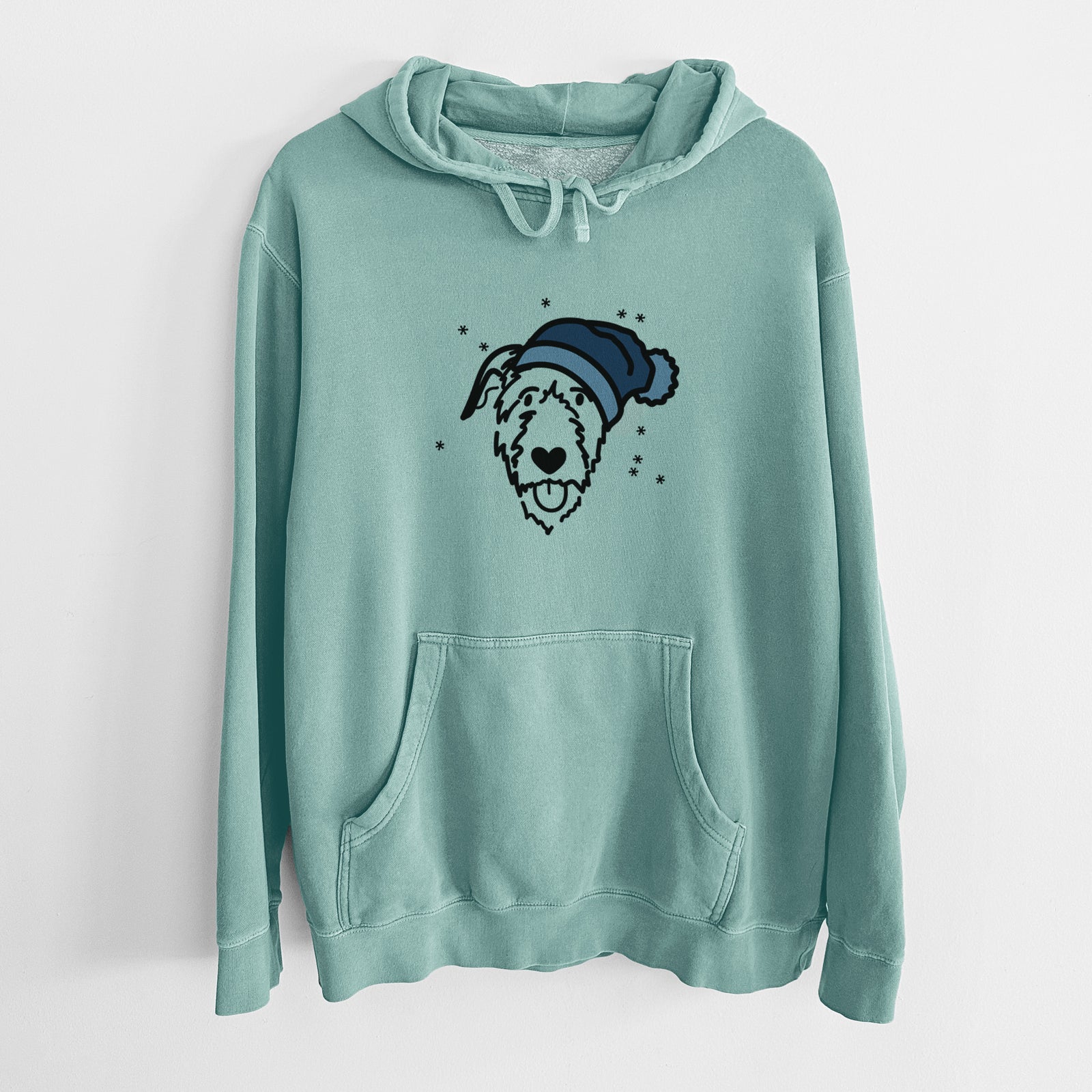 Minimalist line drawing of Pip the Pug with a red heart on a Mint Unisex pigment dyed hoodie