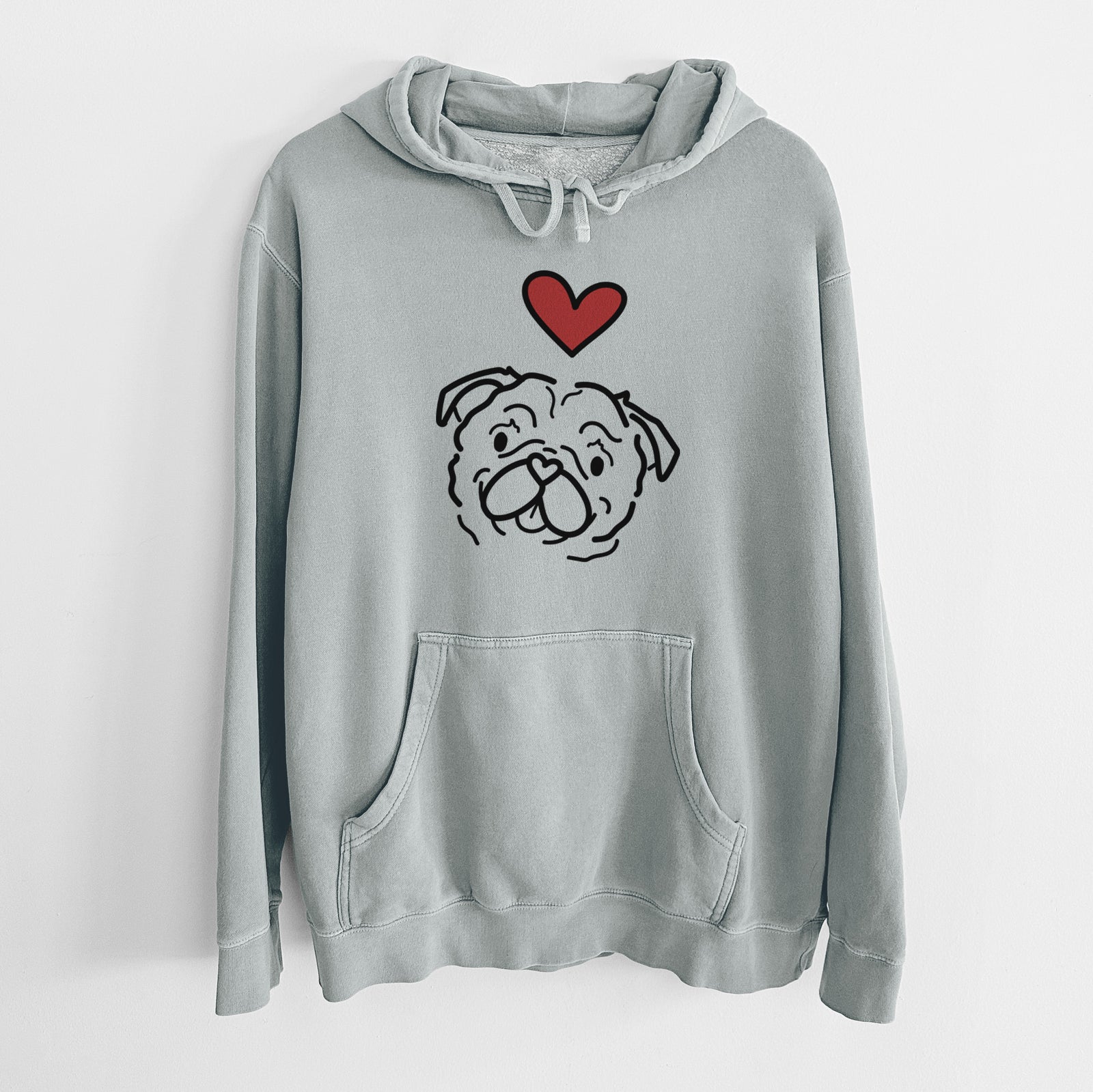 Minimalist line drawing of Pip the Pug with a red heart on a Sage Unisex pigment dyed hoodie