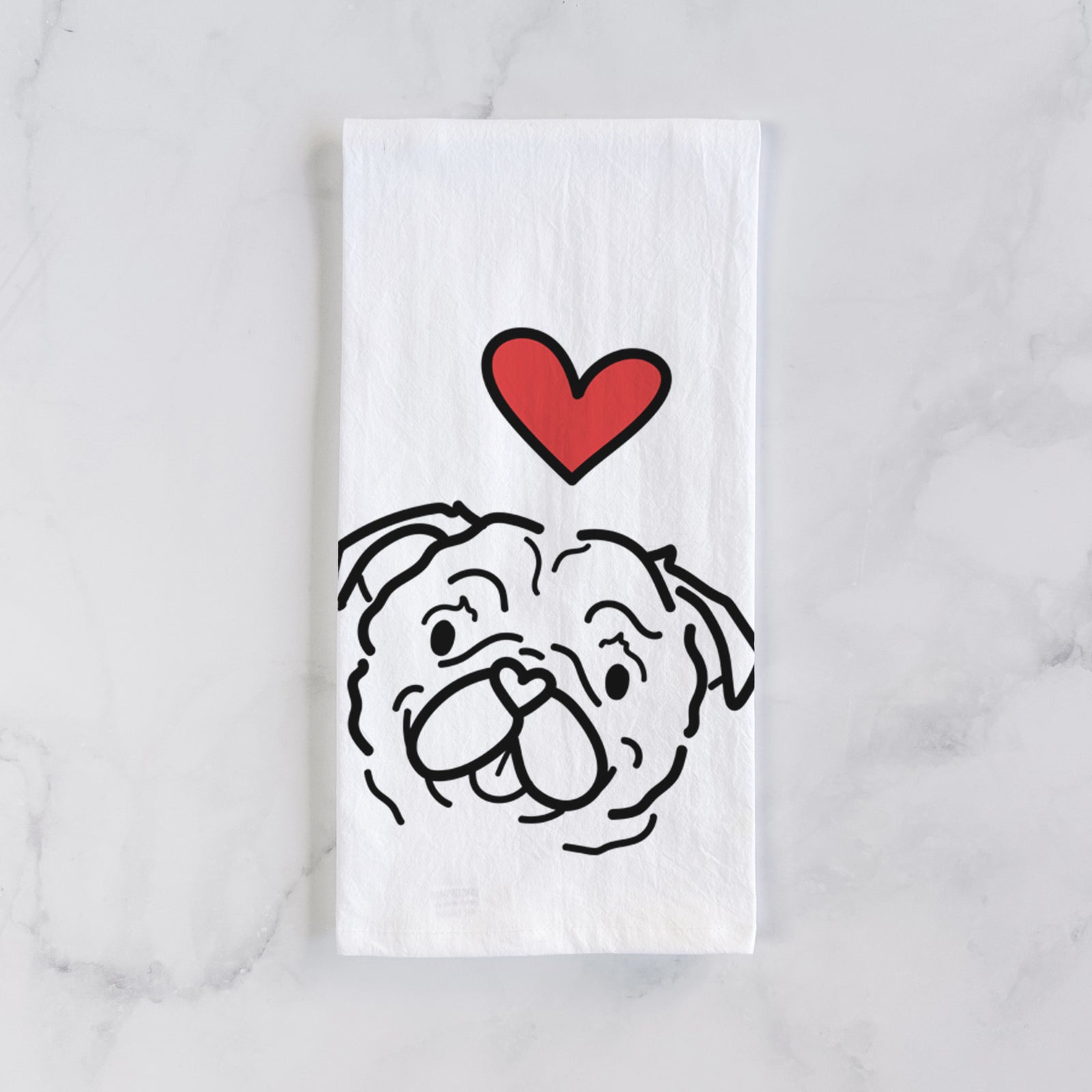 Minimalist line drawing of Pip the Pug with a red heart on a tea towel