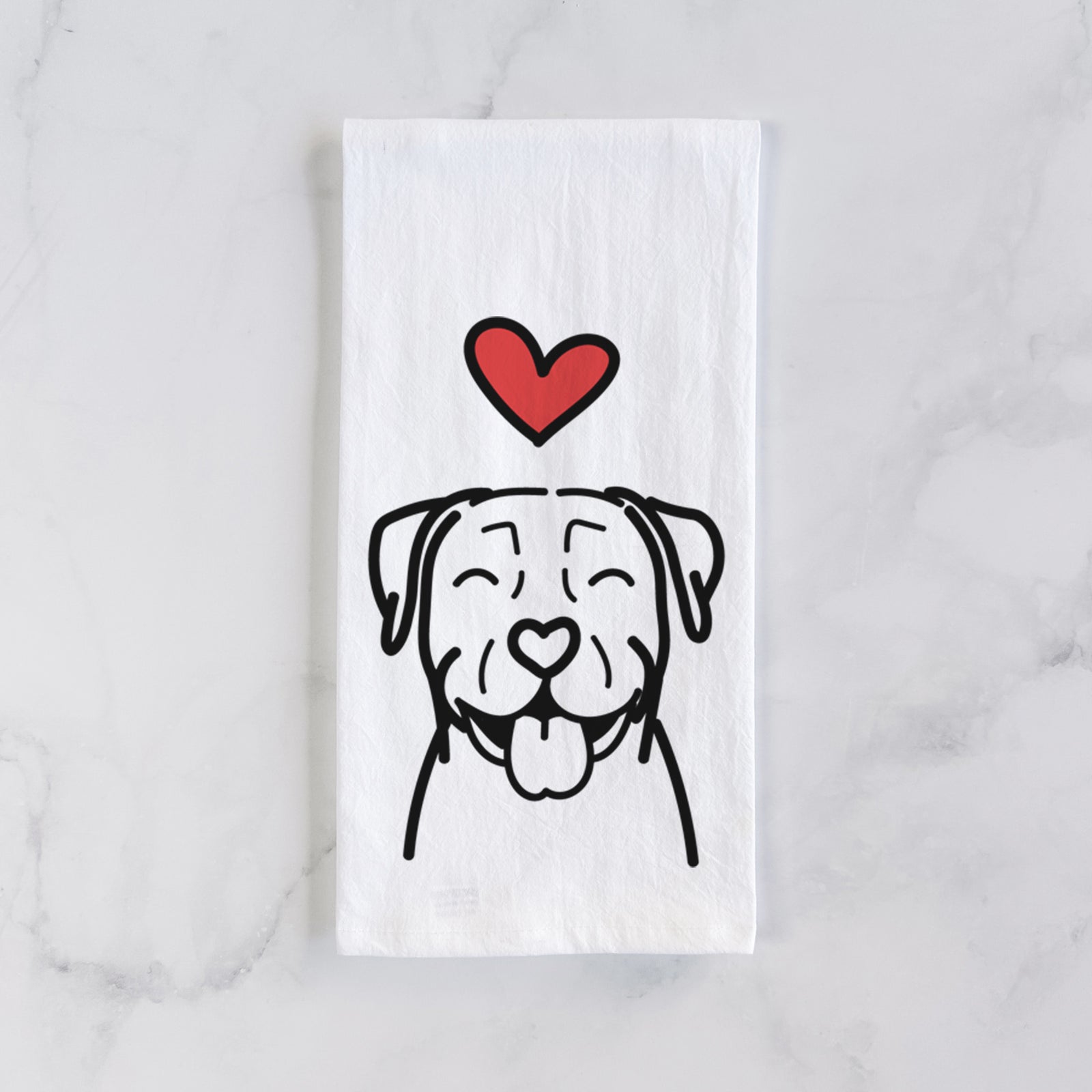Minimalist line drawing of a Pitbull with a red heart on a tea towel