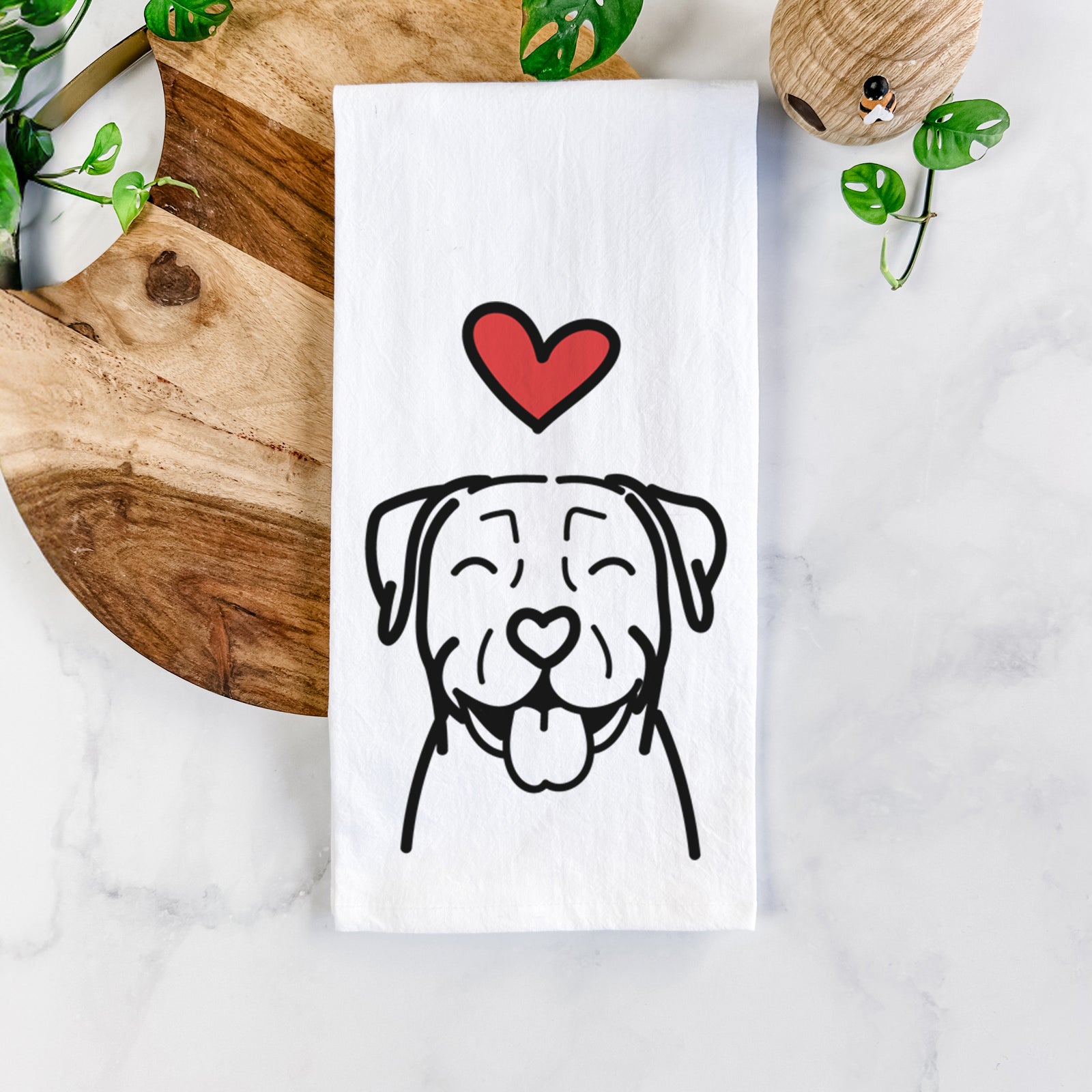 Minimalist line drawing of a Pitbull with a red heart on a tea towel