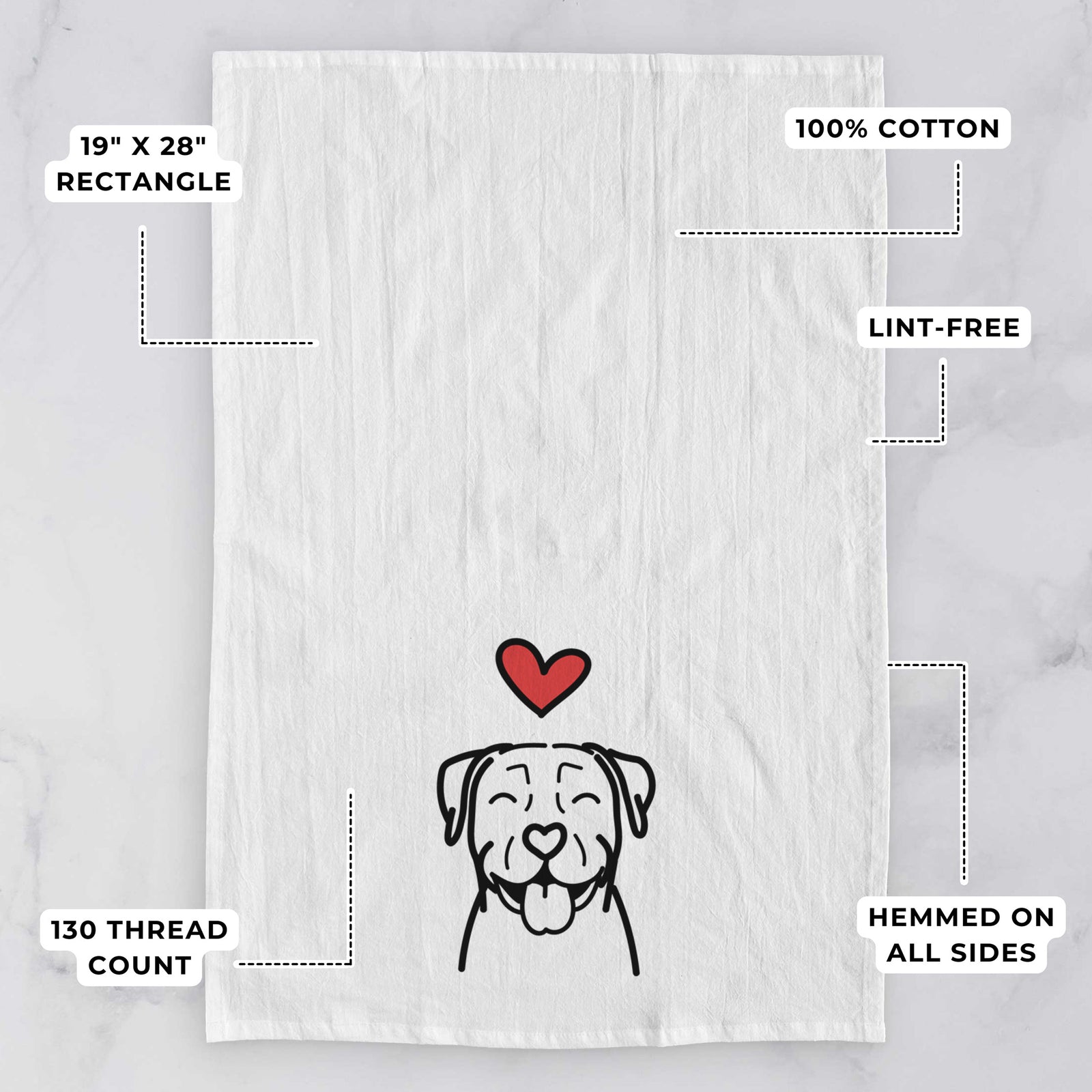 Minimalist line drawing of a Pitbull with a red heart on a tea towel, with feature callouts: 19 x 28 inch rectangle, 100% cotton, lint-free, 120 thread count, hemmed on all sides