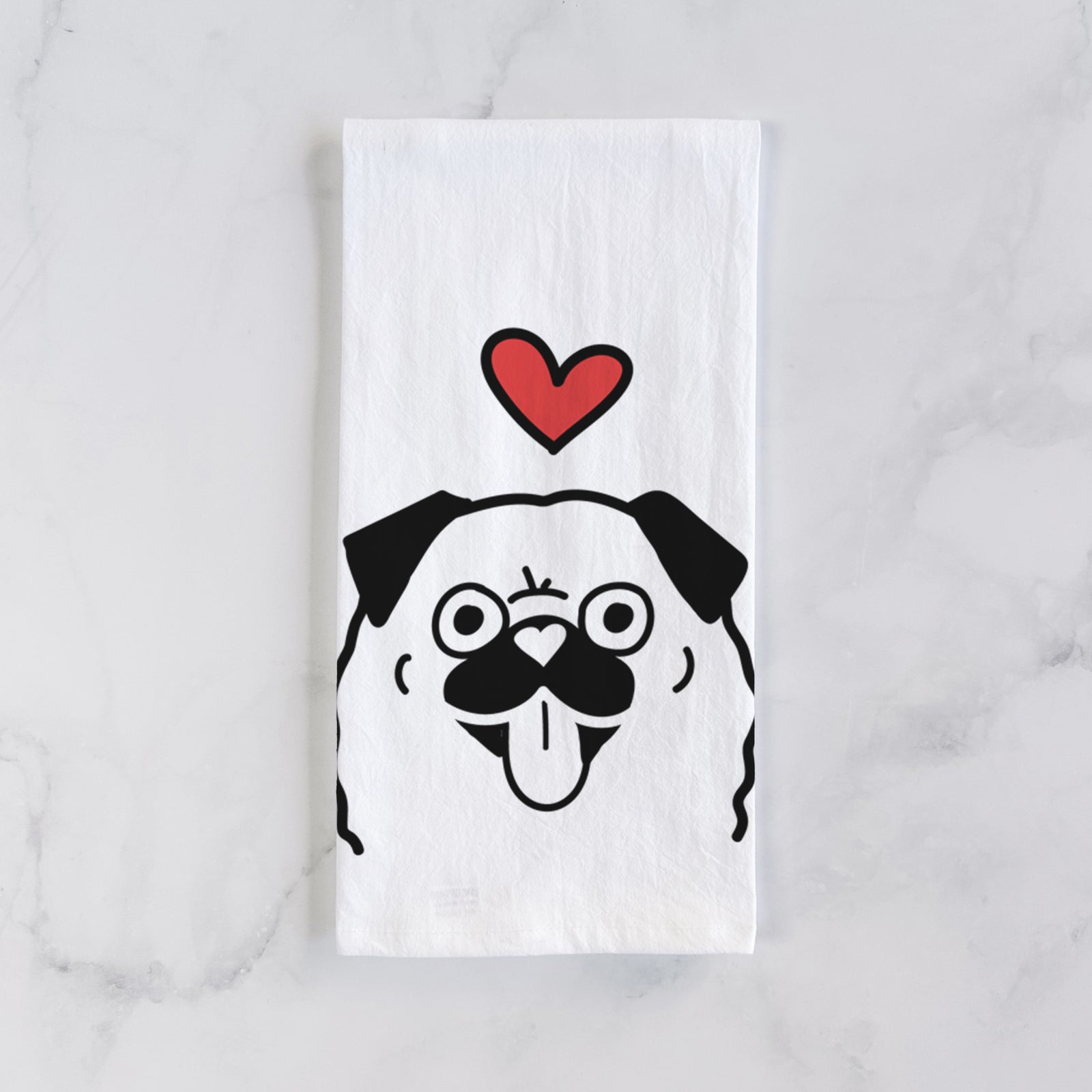 Minimalist line drawing of a Pug with a red heart on a tea towel