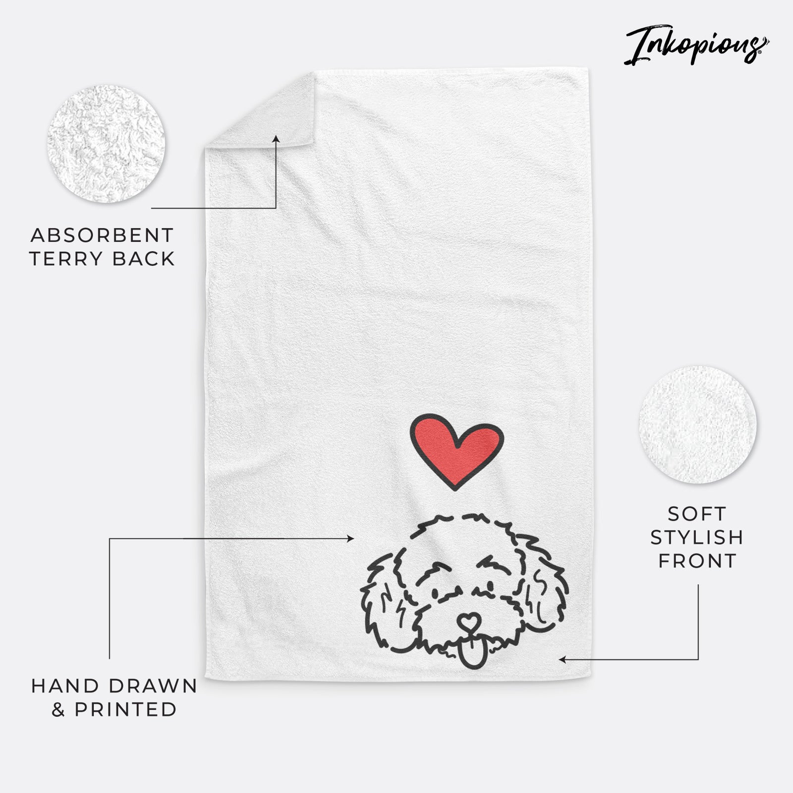 Minimalist line drawing of Ricci the Toy Poodle with a red heart on a hand towel