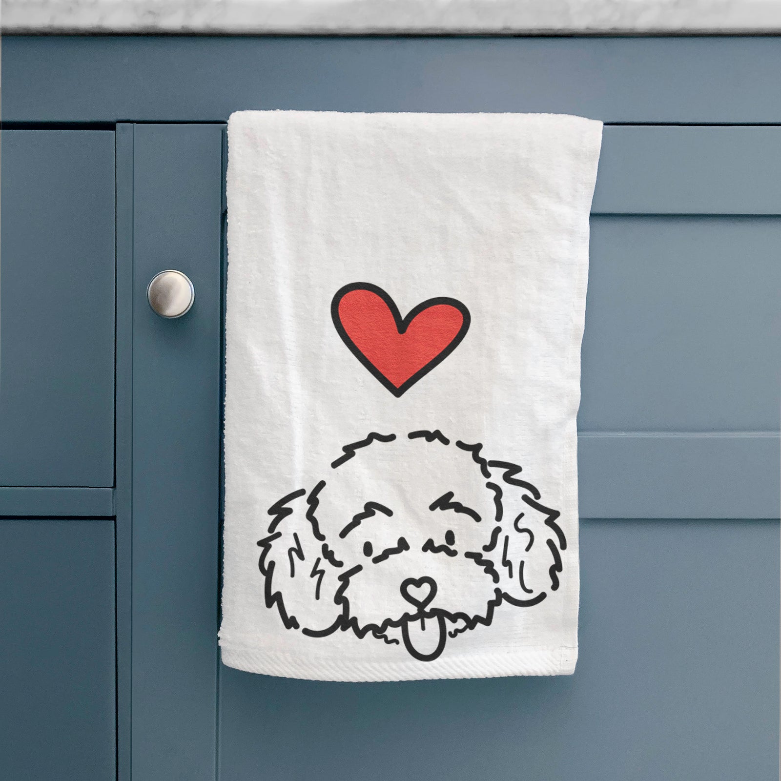 Minimalist line drawing of Ricci the Toy Poodle with a red heart on a hand towel