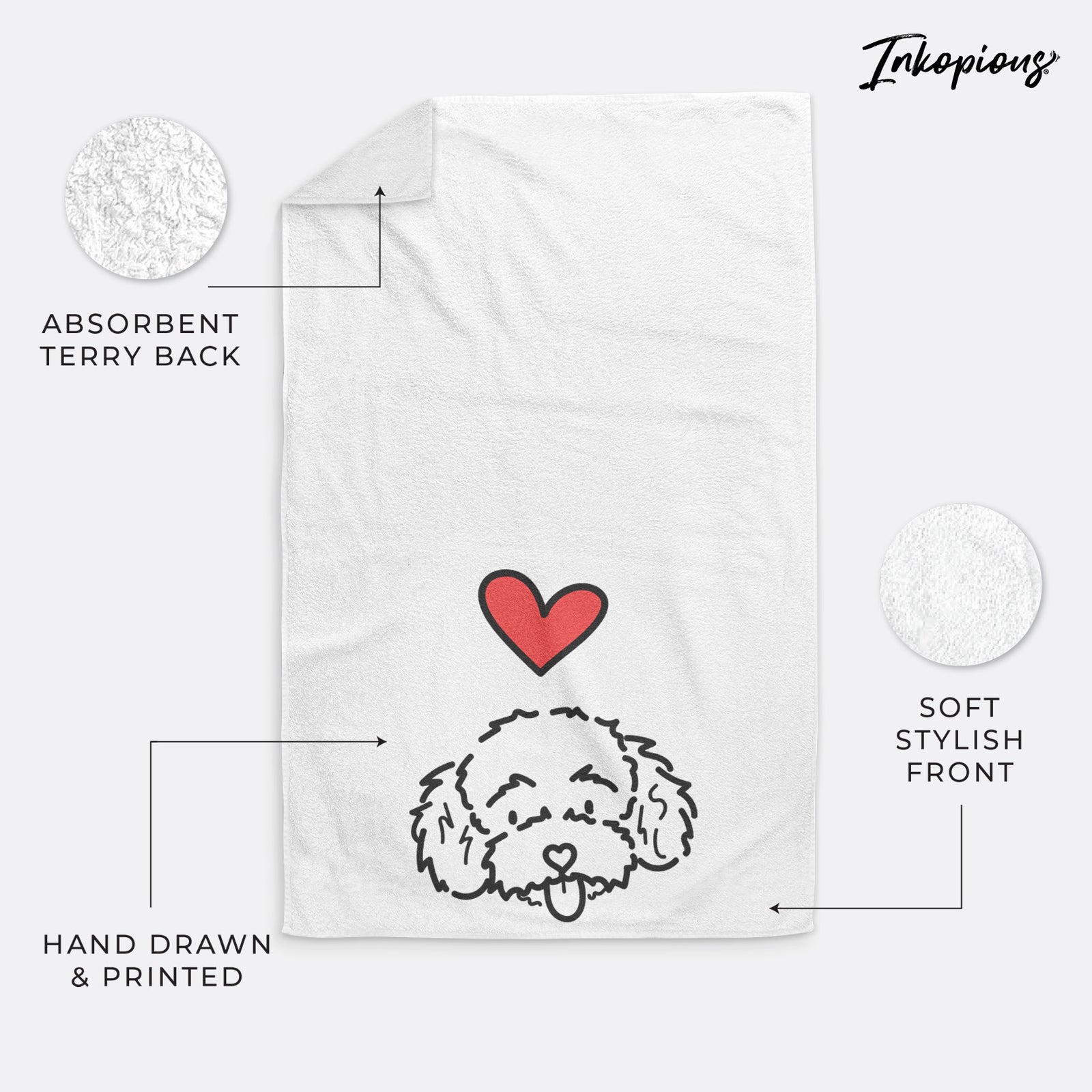 Minimalist line drawing of Ricci the Toy Poodle with a red heart on a hand towel