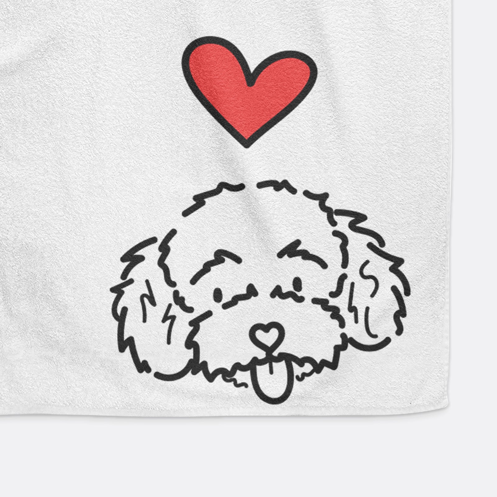 Minimalist line drawing of Ricci the Toy Poodle with a red heart on a hand towel