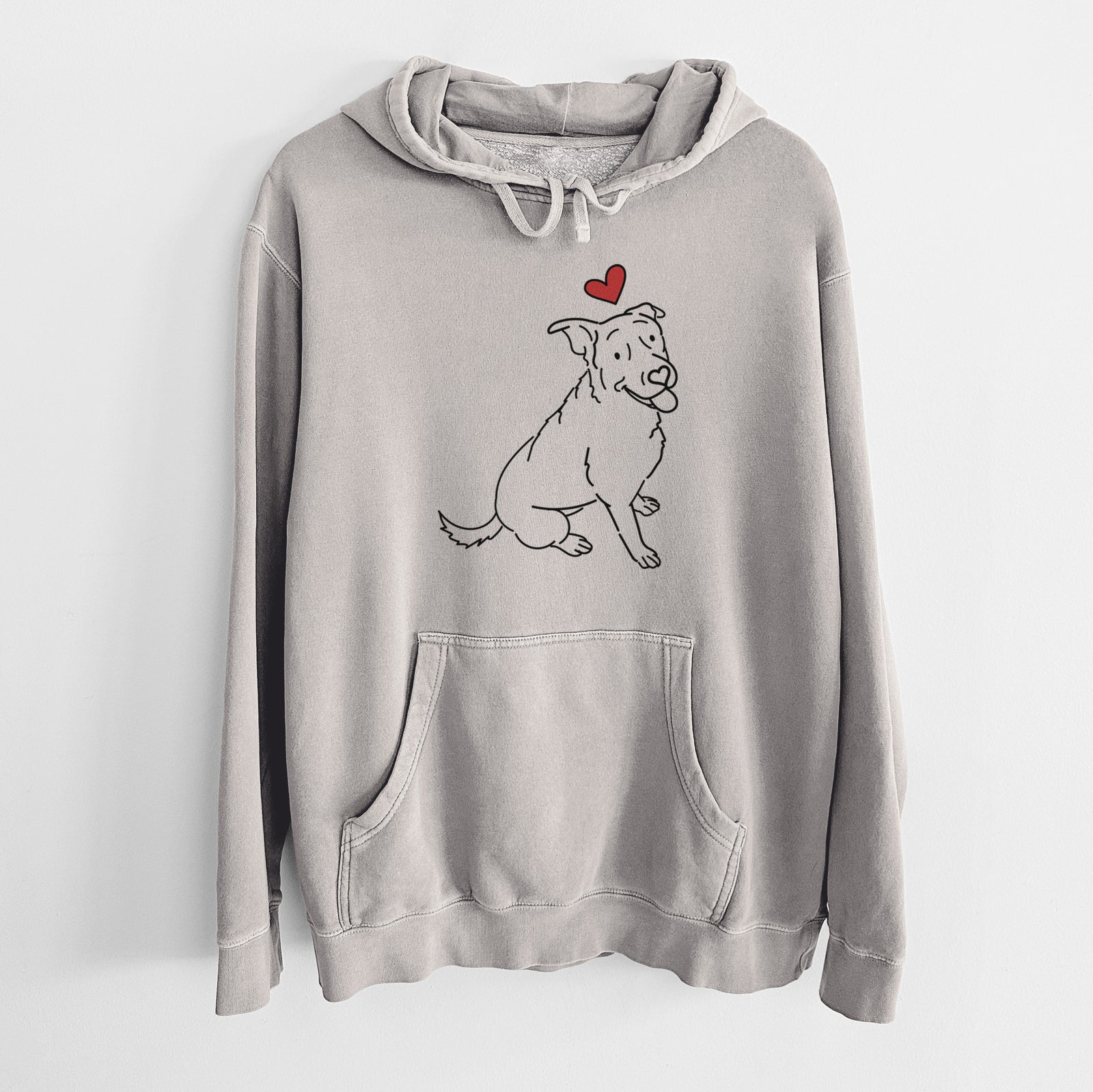 Minimalist line drawing of Rocky the Rottweiler Mix with a red heart on a Cement Unisex pigment dyed hoodie