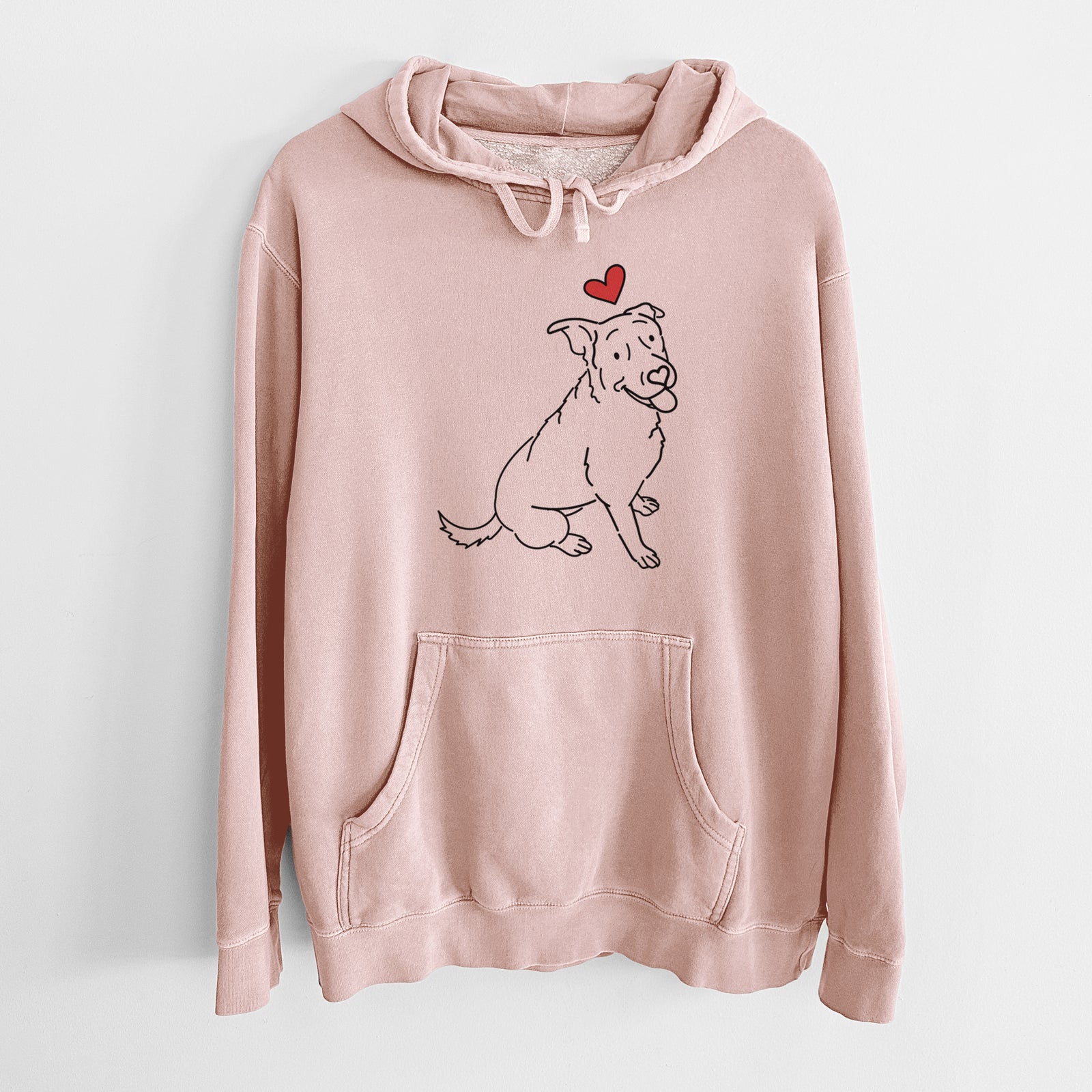 Minimalist line drawing of Rocky the Rottweiler Mix with a red heart on a Dusty Pink Unisex pigment dyed hoodie