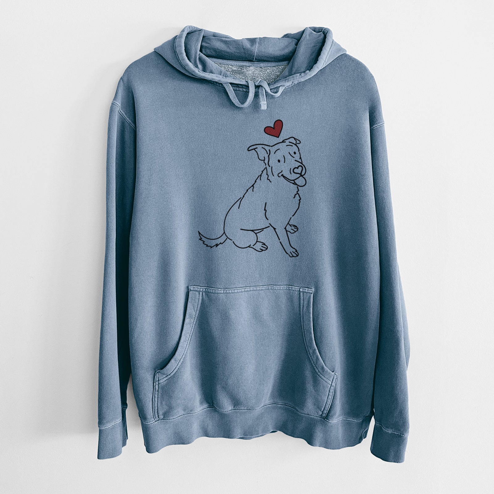 Minimalist line drawing of Rocky the Rottweiler Mix with a red heart on a Slate Blue Unisex pigment dyed hoodie