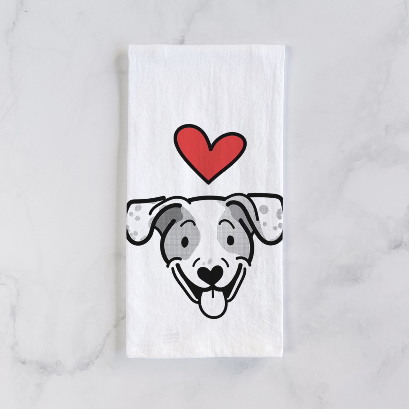 Minimalist line drawing of Roland the Beagle Mix with a red heart on a tea towel