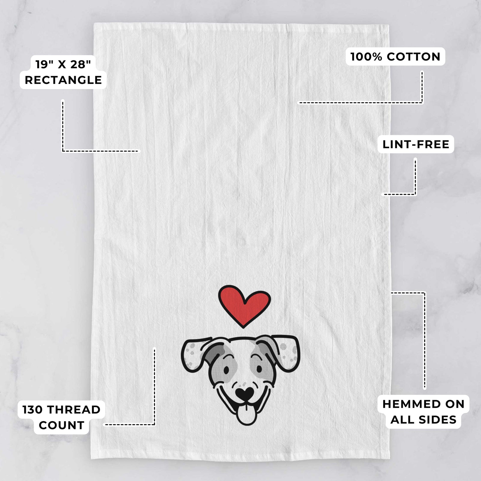 Minimalist line drawing of Roland the Beagle Mix with a red heart on a tea towel, with feature callouts: 19 x 28 inch rectangle, 100% cotton, lint-free, 120 thread count, hemmed on all sides