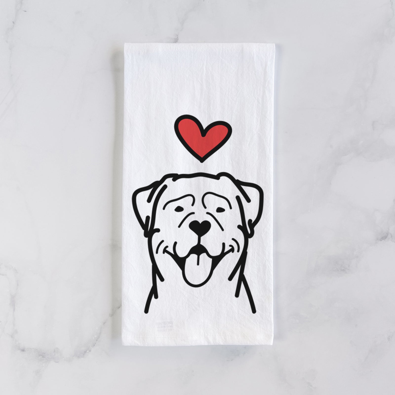 Minimalist line drawing of a Rottweiler with a red heart on a tea towel