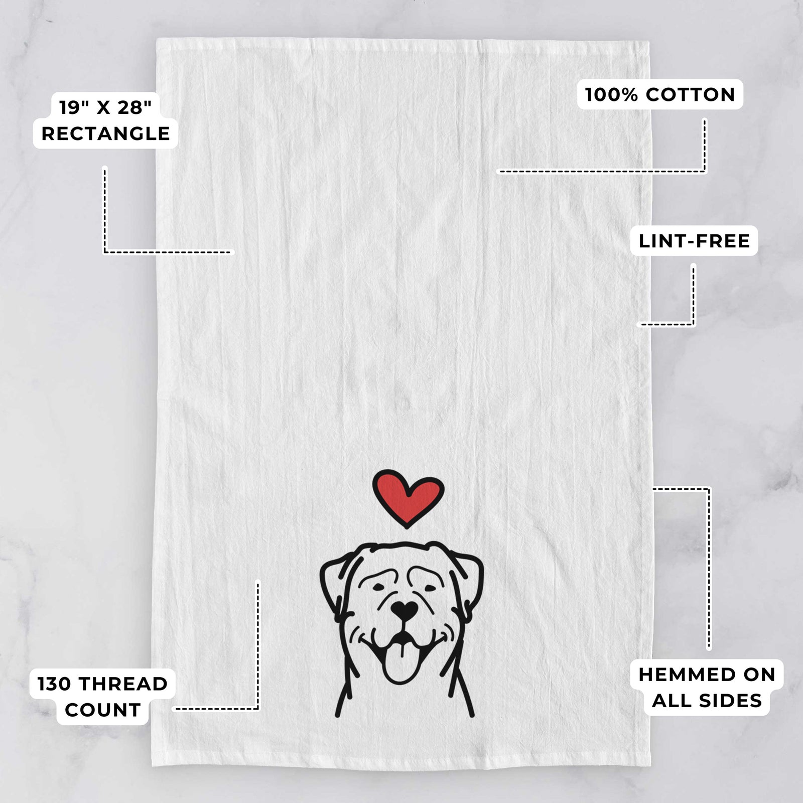 Minimalist line drawing of a Rottweiler with a red heart on a tea towel, with feature callouts: 19 x 28 inch rectangle, 100% cotton, lint-free, 120 thread count, hemmed on all sides