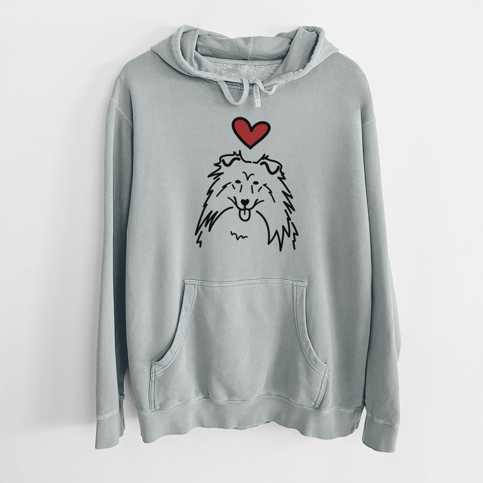 Minimalist line drawing of a Rough Collie with a red heart on a Sage Unisex pigment dyed hoodie