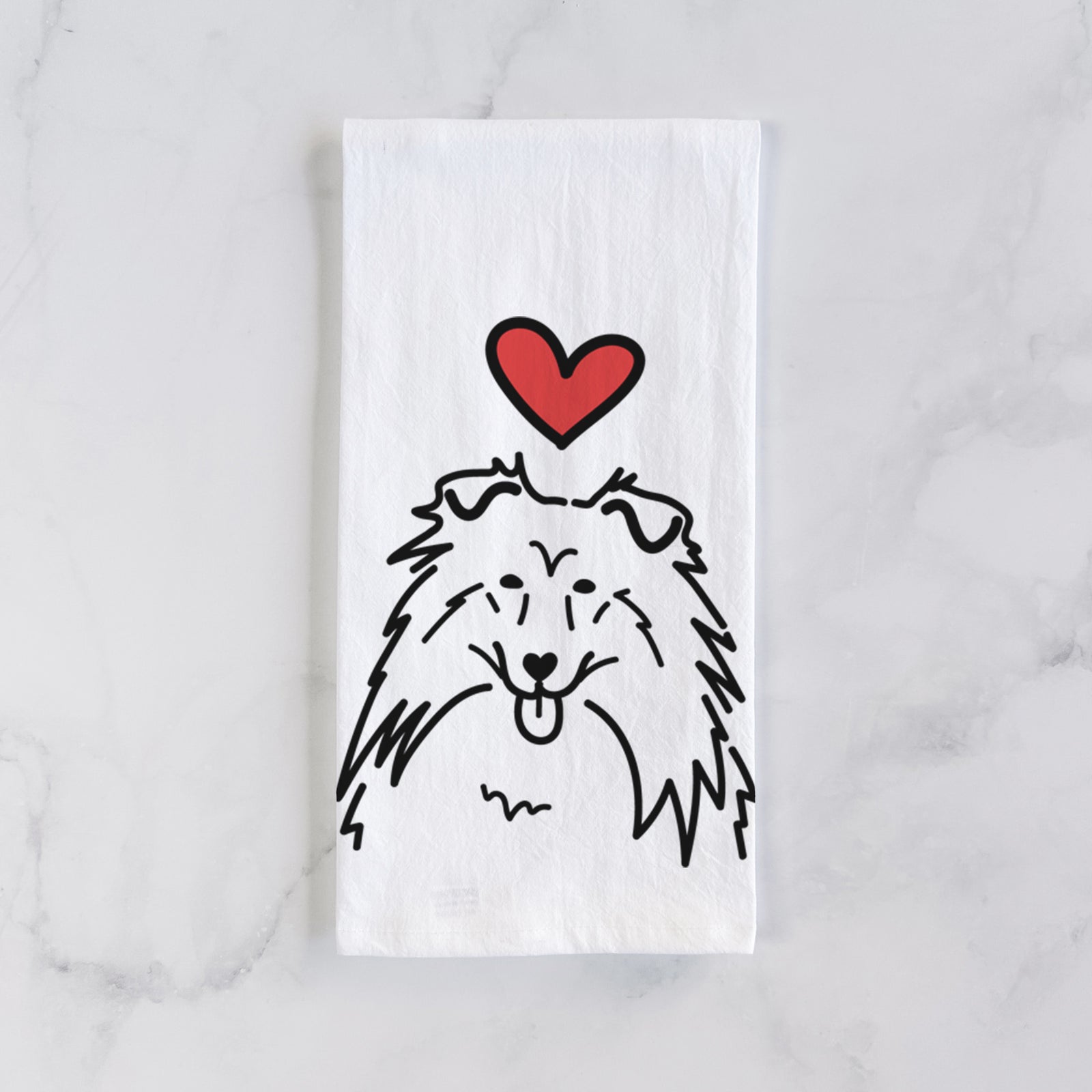 Minimalist line drawing of a Rough Collie with a red heart on a tea towel