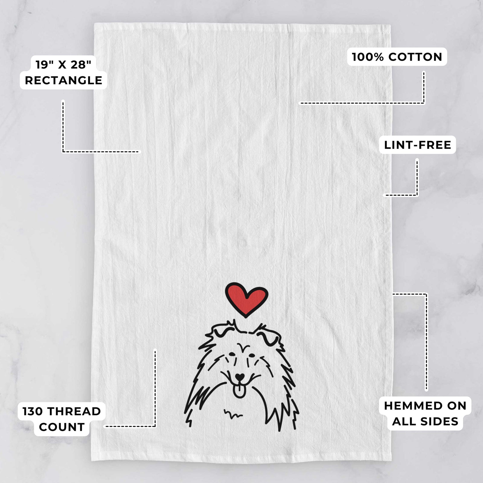 Minimalist line drawing of a Rough Collie with a red heart on a tea towel, with feature callouts: 19 x 28 inch rectangle, 100% cotton, lint-free, 120 thread count, hemmed on all sides