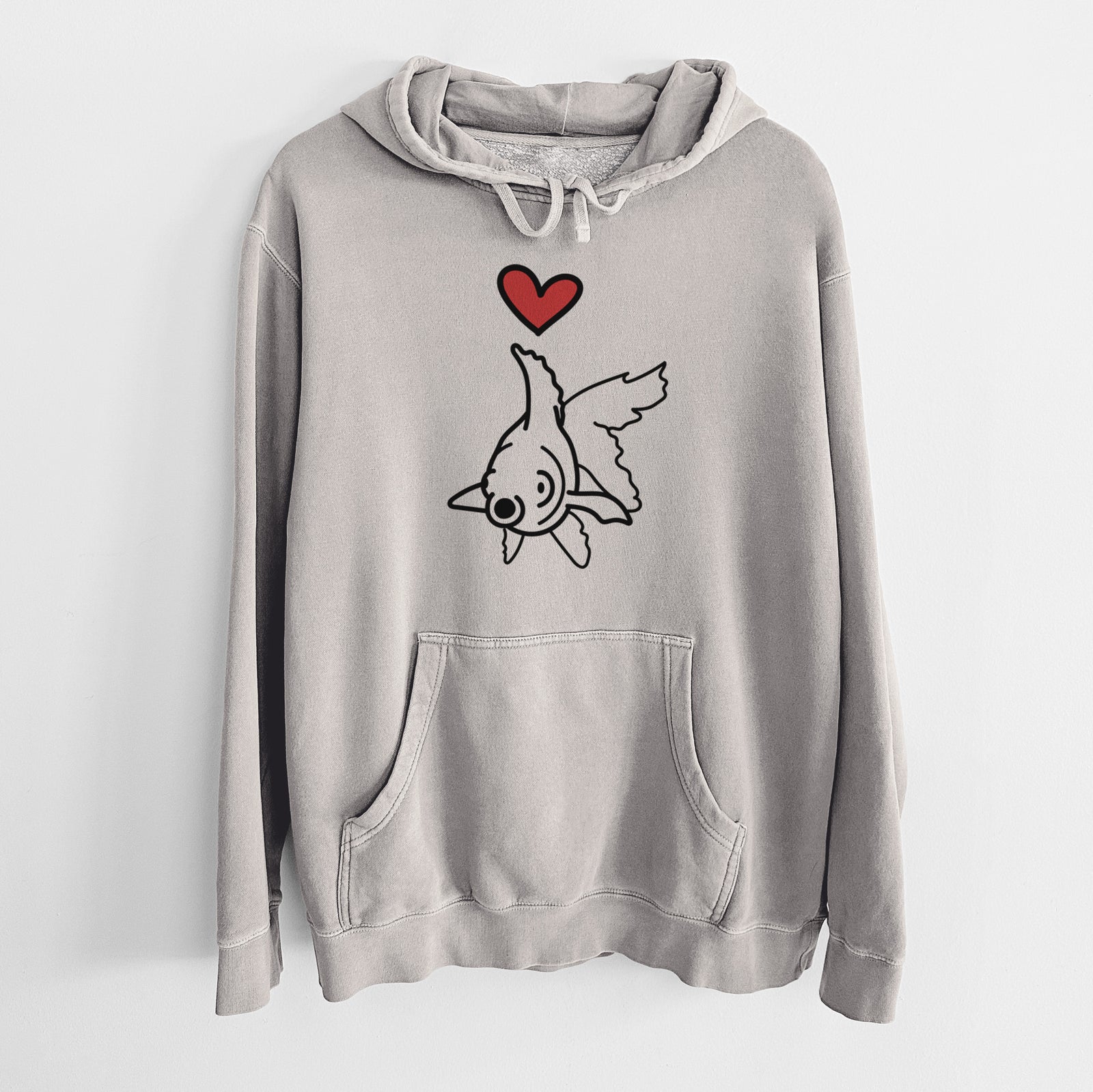 Minimalist line drawing of Ruby the Goldfish with a red heart on a Cement Unisex pigment dyed hoodie