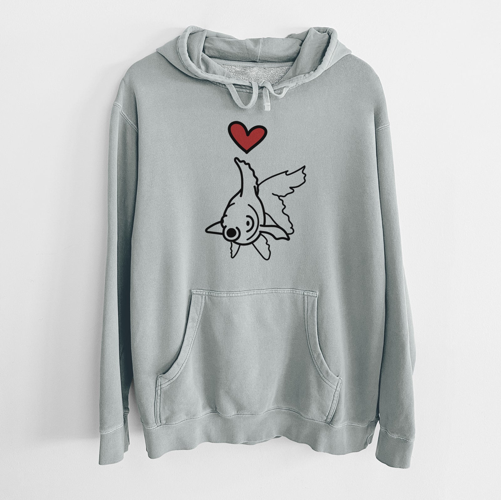 Minimalist line drawing of Ruby the Goldfish with a red heart on a Sage Unisex pigment dyed hoodie