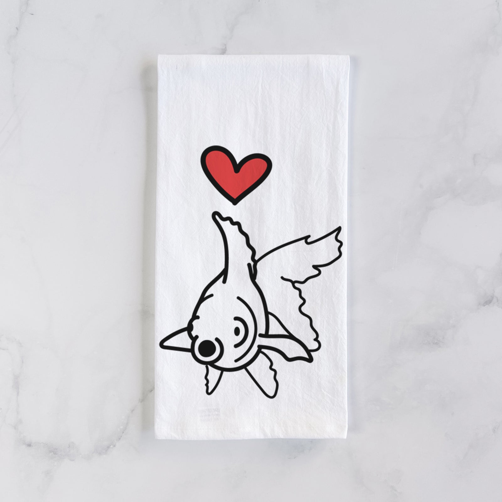 Minimalist line drawing of Ruby the Goldfish with a red heart on a tea towel