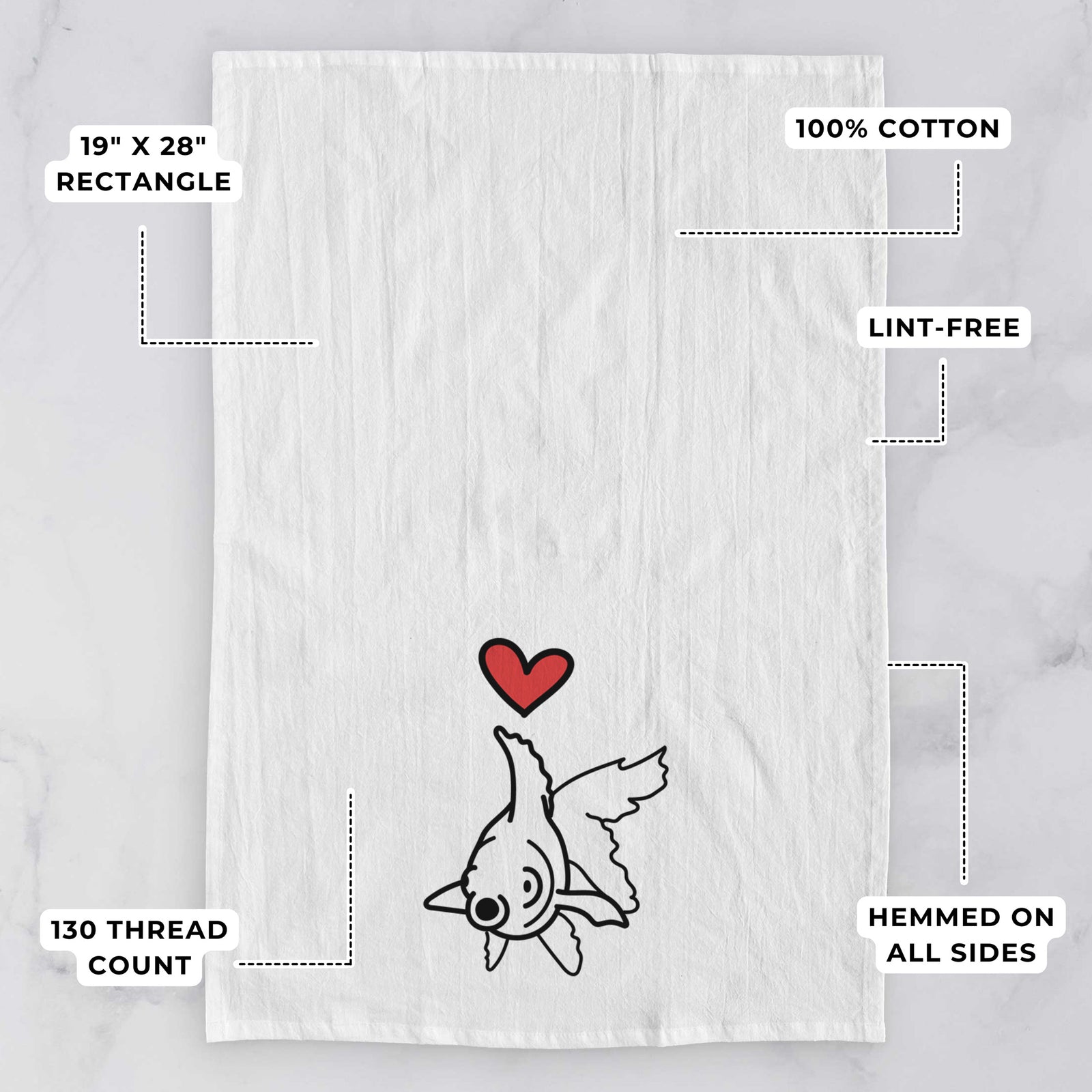 Minimalist line drawing of Ruby the Goldfish with a red heart on a tea towel, with feature callouts: 19 x 28 inch rectangle, 100% cotton, lint-free, 120 thread count, hemmed on all sides