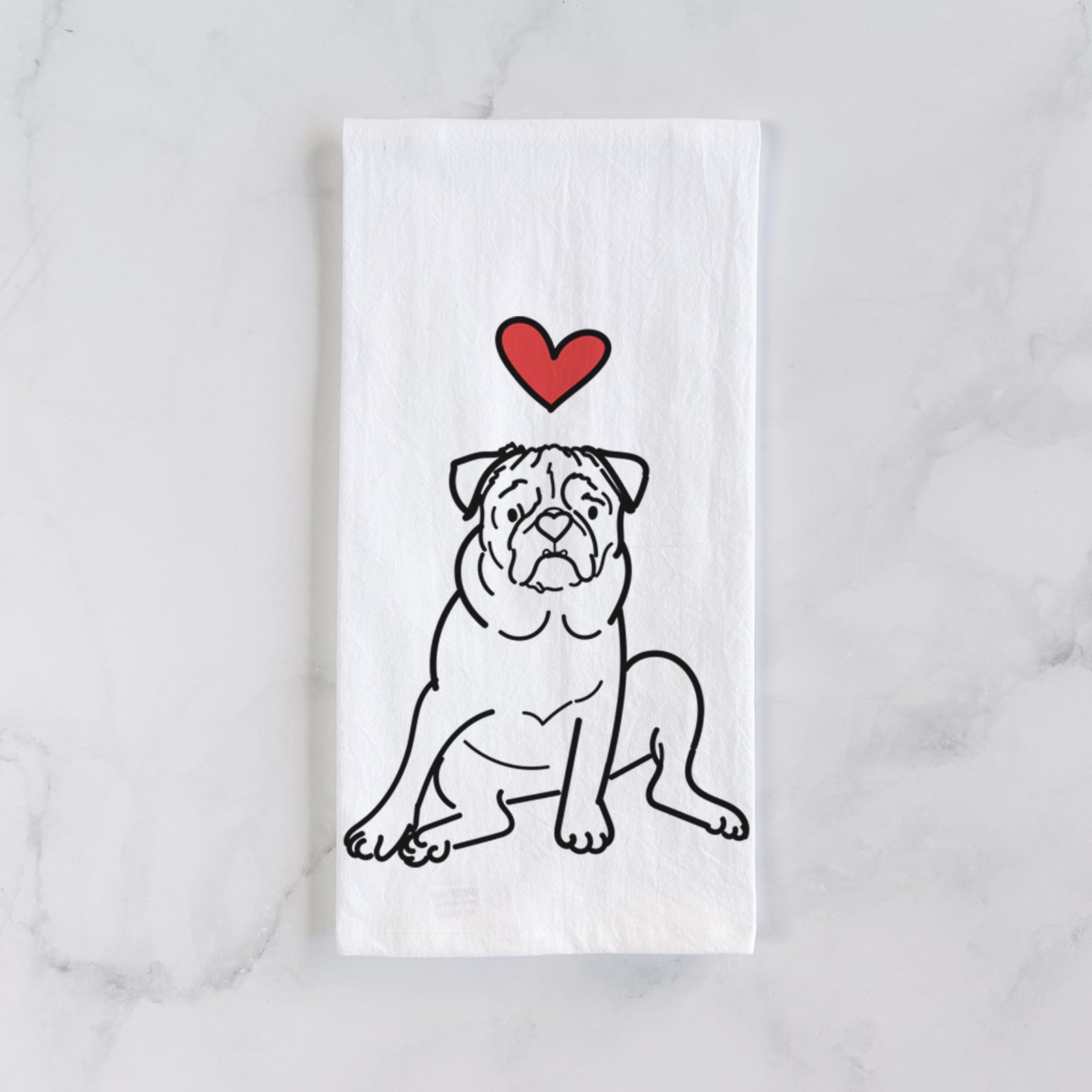 Minimalist line drawing of Rudy the Pug with a red heart on a tea towel