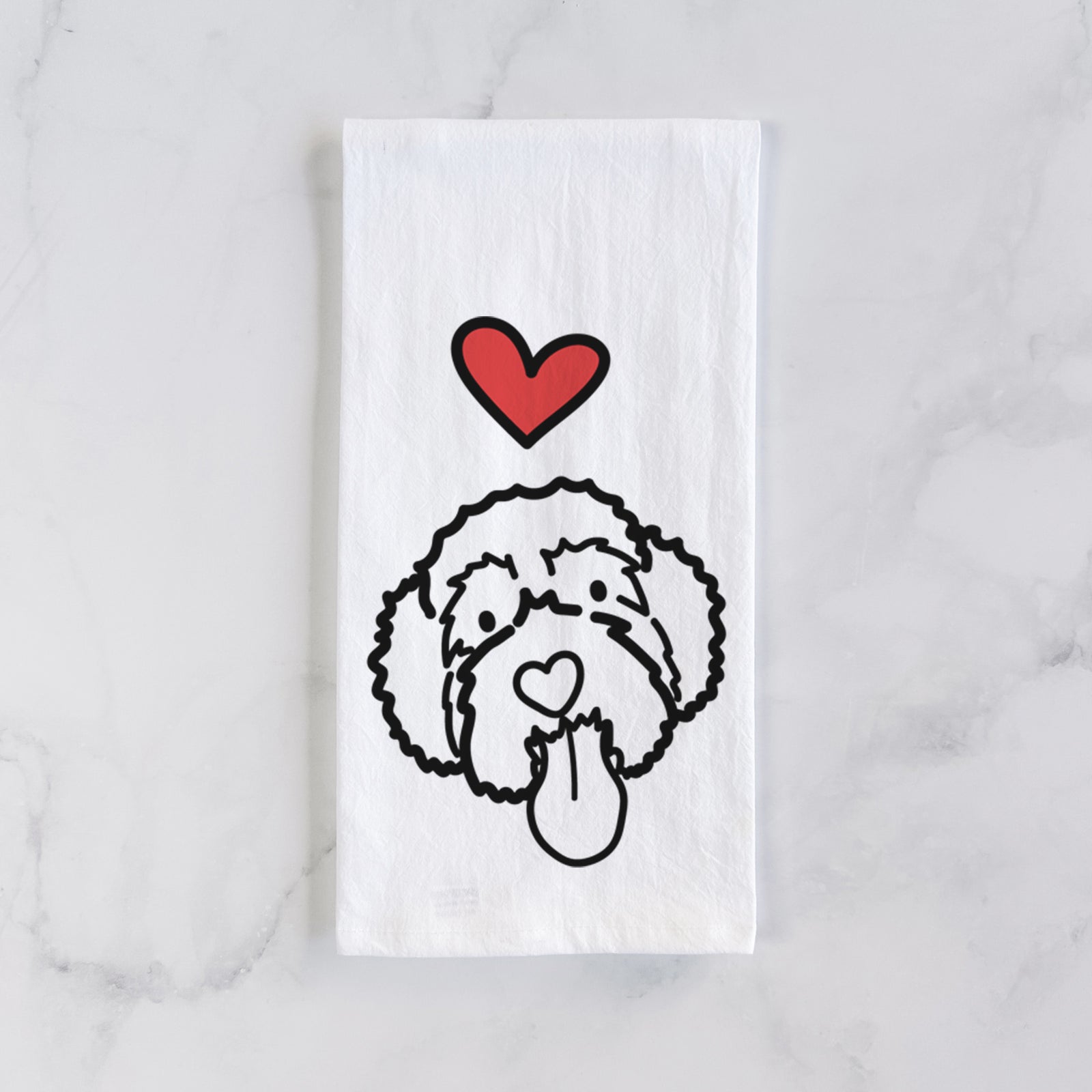 Minimalist line drawing of Sam the Portguese Water Dog with a red heart on a tea towel