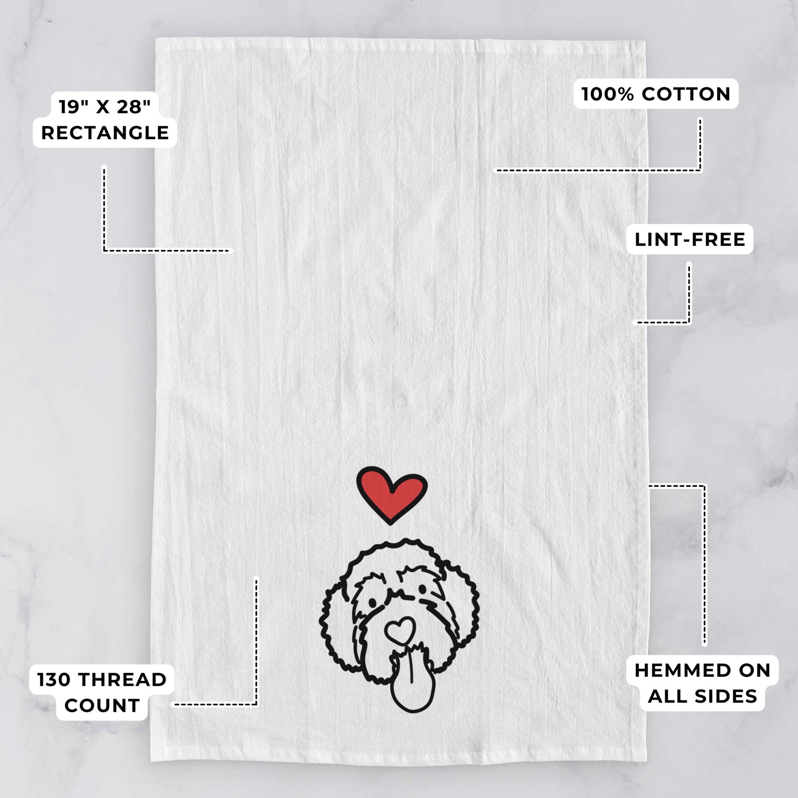 Minimalist line drawing of Sam the Portguese Water Dog with a red heart on a tea towel, with feature callouts: 19 x 28 inch rectangle, 100% cotton, lint-free, 120 thread count, hemmed on all sides