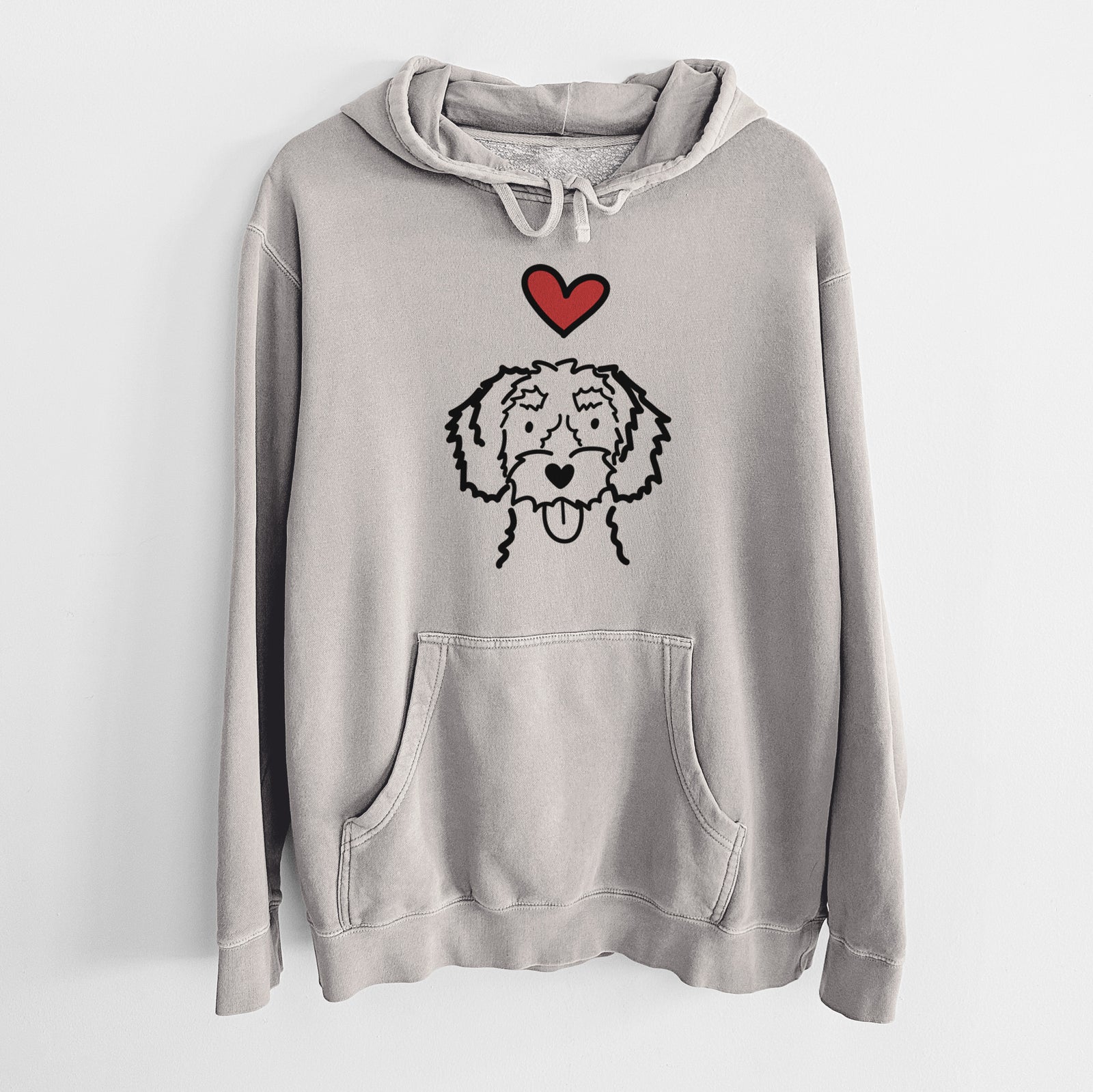 Minimalist line drawing of a White Schnoodle with a red heart on a Cement Unisex pigment dyed hoodie