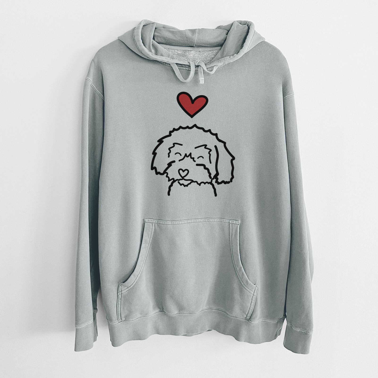 Minimalist line drawing of a Schnoodle with a red heart on a Sage Unisex pigment dyed hoodie