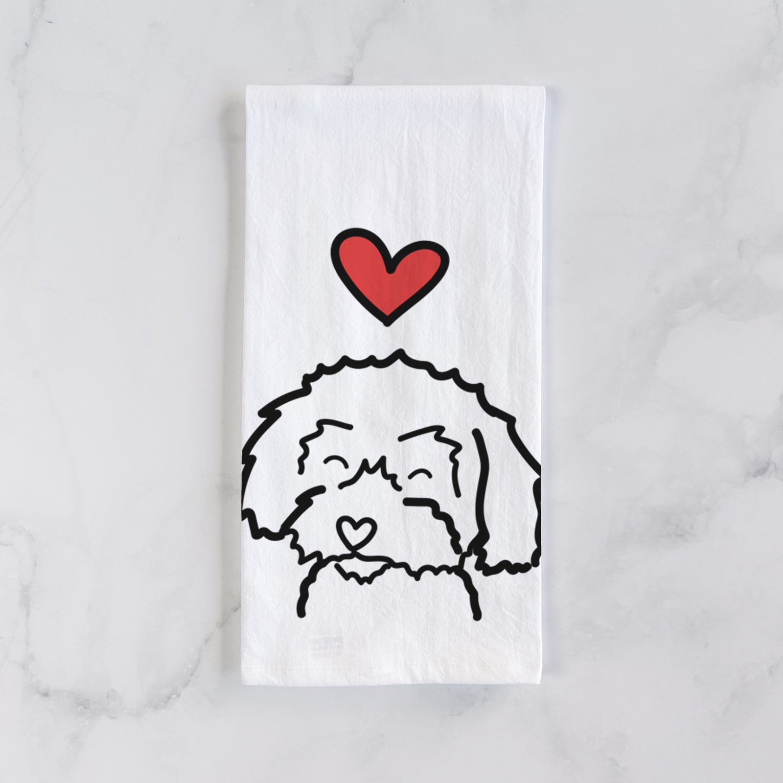 Minimalist line drawing of a Schnoodle with a red heart on a tea towel