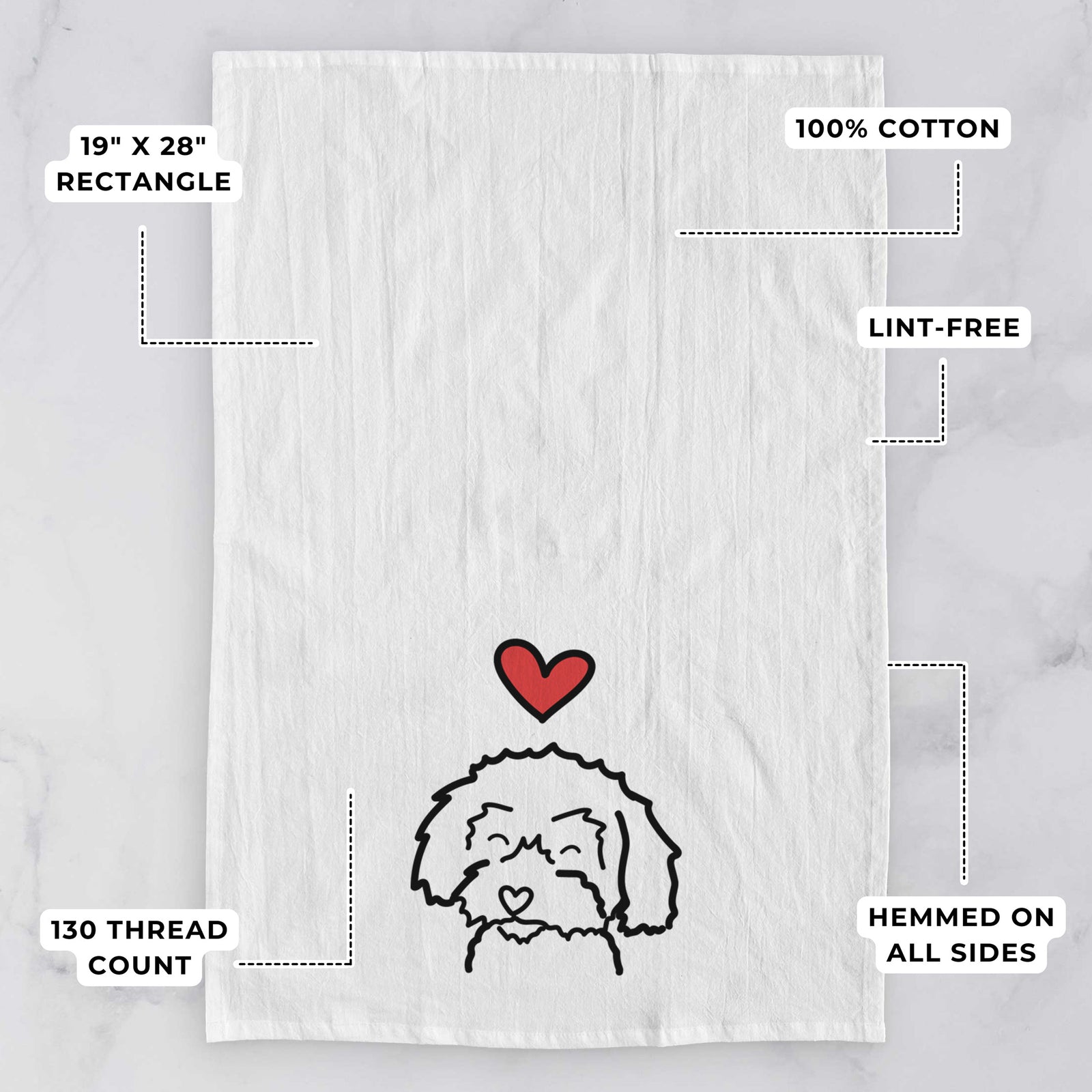 Minimalist line drawing of a Schnoodle with a red heart on a tea towel, with feature callouts: 19 x 28 inch rectangle, 100% cotton, lint-free, 120 thread count, hemmed on all sides
