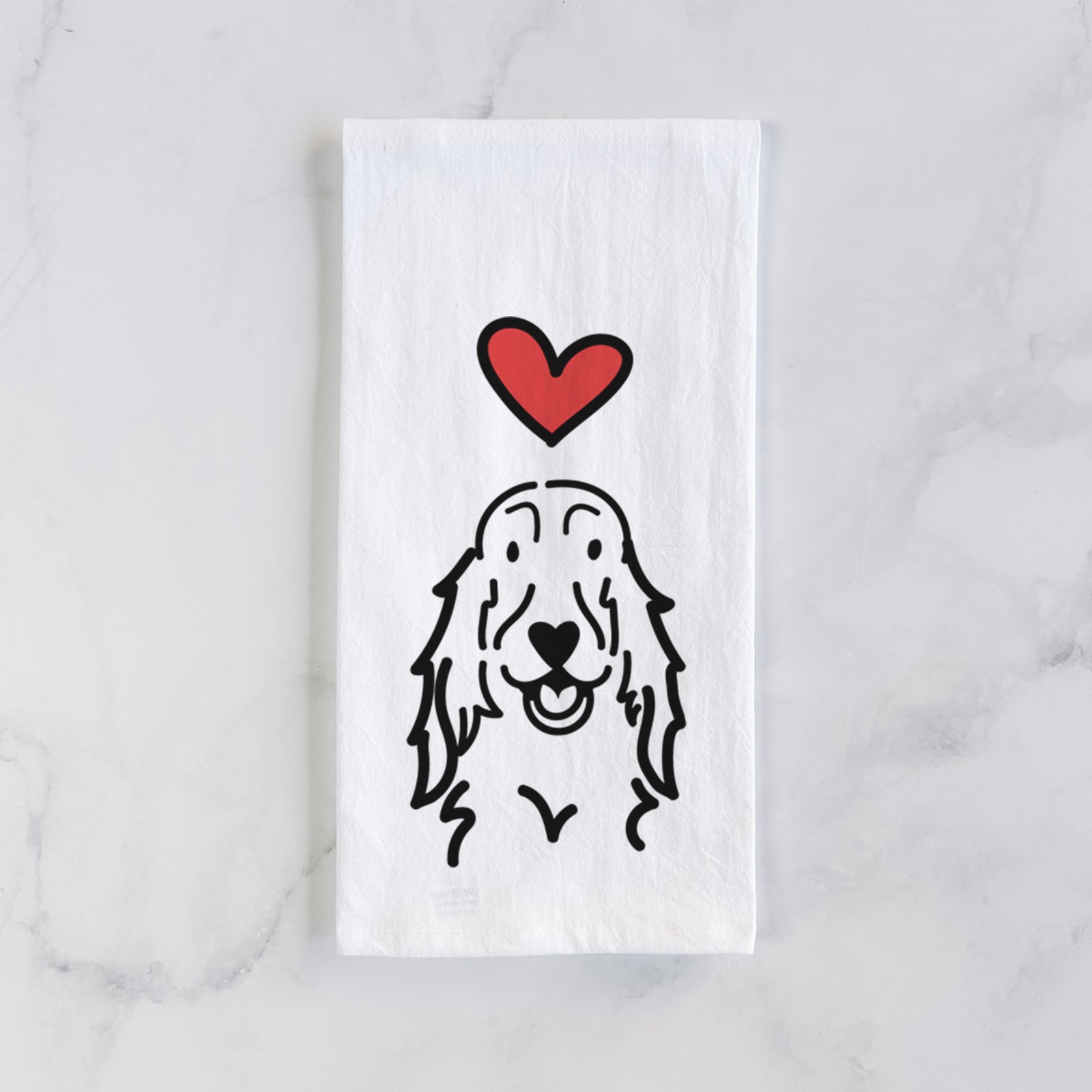 Minimalist line drawing of a Setter with a red heart on a tea towel